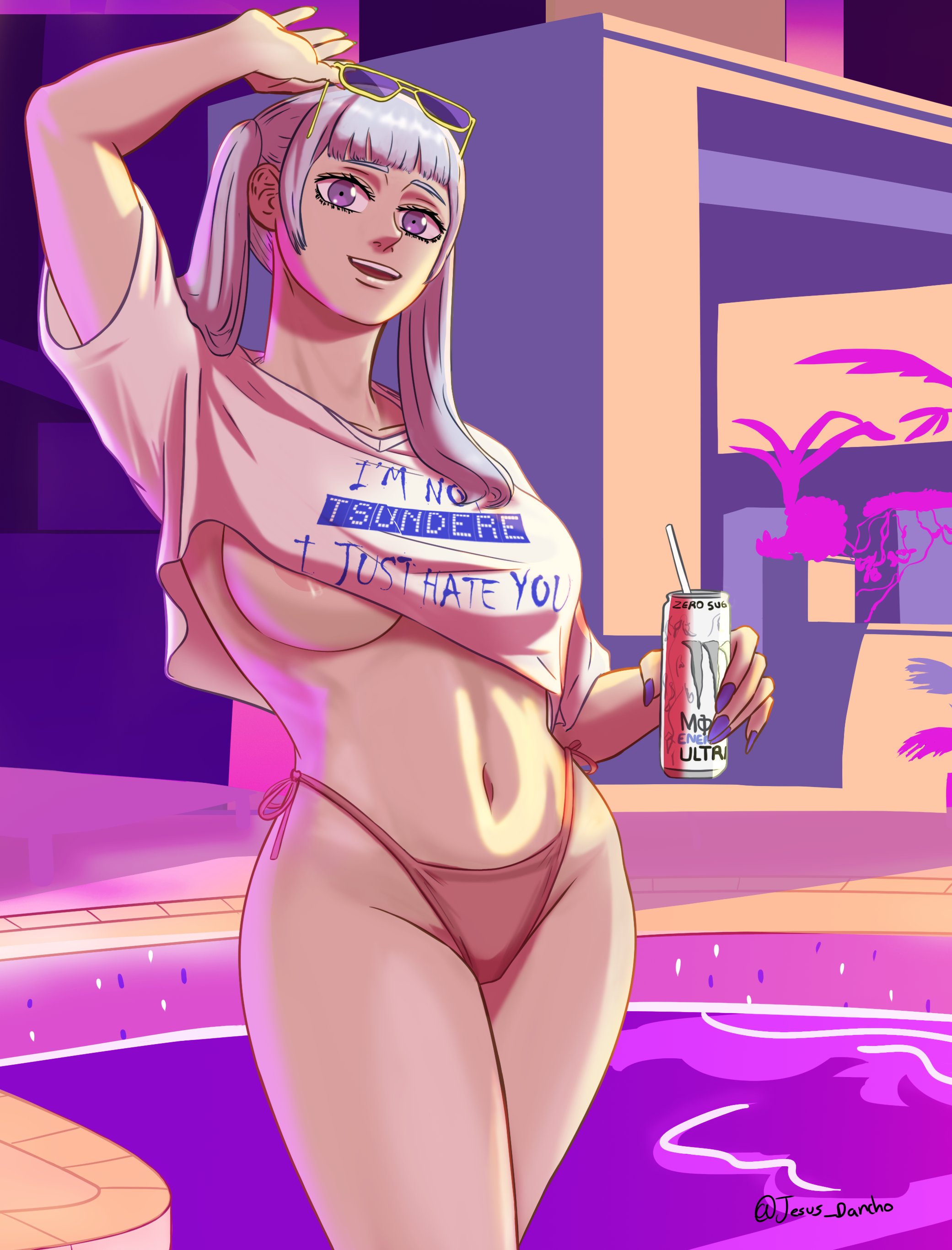 1girls, anime, anime girl, big breasts, big nipples, big thighs, bikini, bikini bottom, black clover, boobs, breasts, breasts out, curvy, curvy figure, female, female only, grand theft auto, grand theft auto vi, gta vi cover girl, jesus dancho, nipple slip, nipples, noelle silva, pool, poolside, purple eyes, silver hair, solo, topless, topless female
