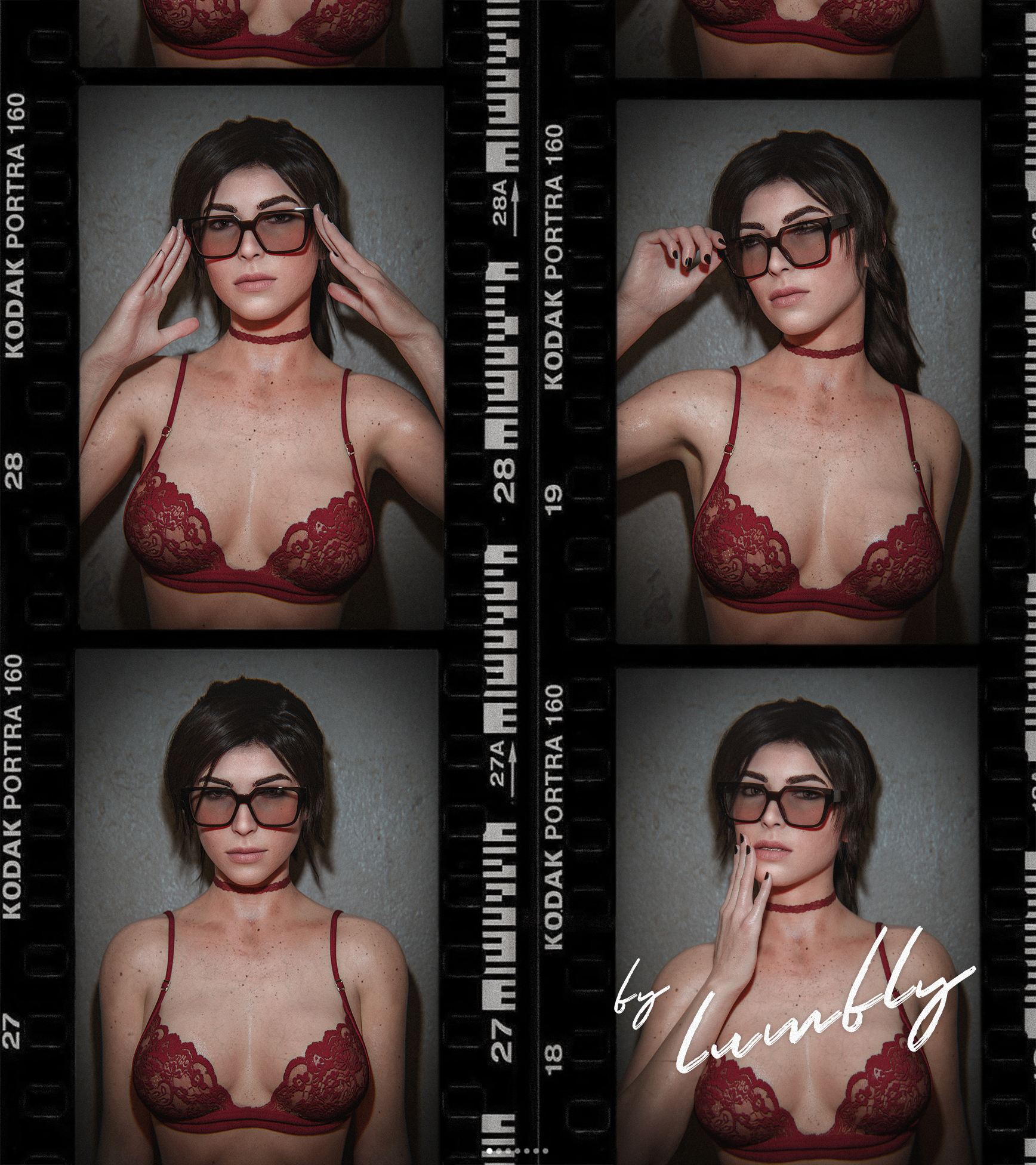 1girls, 2026, 3d, adjusting eyewear, areolae, areolae visible through clothing, beauty mark, beauty marks, beauty marks everywhere, black nail polish, bra, bra only, breasts, brown eyes, brown hair, choker, eyewear, female, female only, front view, lace bra, lara croft, lara croft (survivor), lipstick, long hair, lumbly3d, medium breasts, nail polish, nipples, nipples visible through clothing, painted nails, photo booth, picture (object), pink lipstick, posing, same girl, solo, sunglasses, tinted eyewear, tomb raider, tomb raider (survivor)