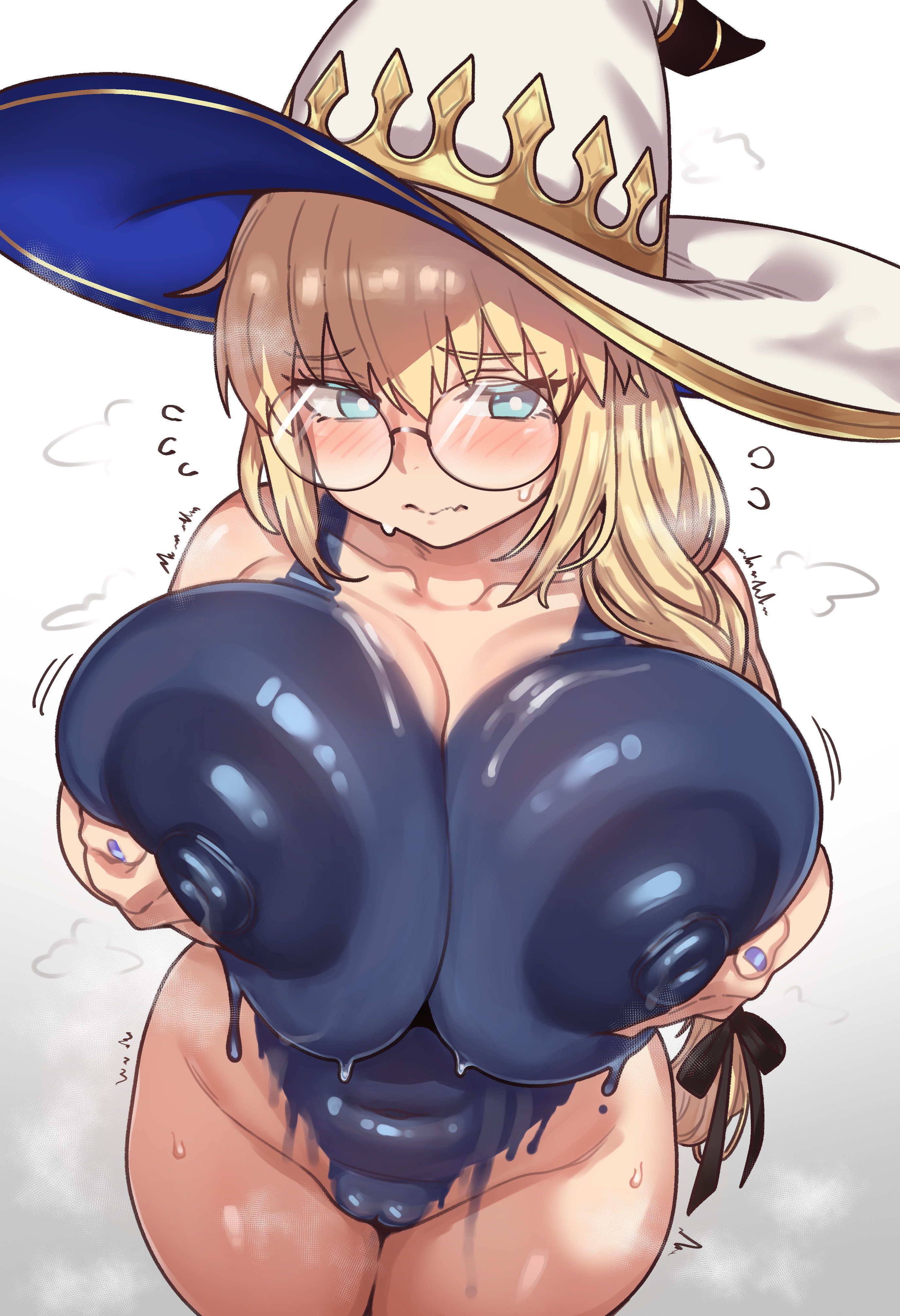 1girls, 2026, 2d, 2d (artwork), big breasts, blush, blushing, bodypaint, breasts, breasts out, color, colored, dripping paint, ebora, embarrassed, embarrassed nude female, fate (series), fate/grand order, female, female focus, female only, glasses, hat, hat only, holding, holding breast, huge breasts, large breasts, light-skinned female, morgan le fay (fate), naked, naked female, naked paint, nipples, nude, nude female, painted clothes, pussy, pussy lips, school swimsuit, solo, solo female, solo focus, sweat, sweating, sweaty, sweaty body, swimsuit, tonelico (fate), voluptuous, voluptuous female