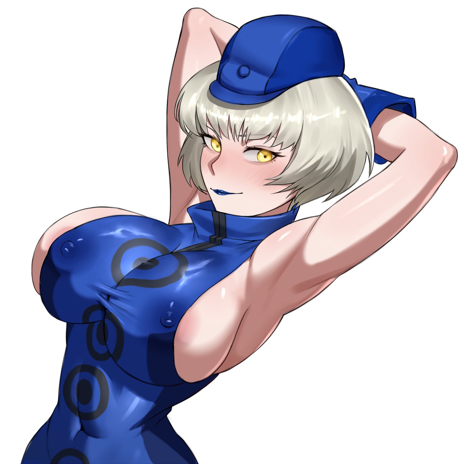 1girls, areolae, areolae slip, armpits, arms up, atlus, big breasts, blue gloves, blush, breasts, choclo draws, covered nipples, elizabeth (persona), female, gloves, hat, large breasts, looking at viewer, no bra, no bra under clothes, persona, persona 3, shiny skin, short hair, simple background, smile, solo, tagme, white background, white hair, yellow eyes