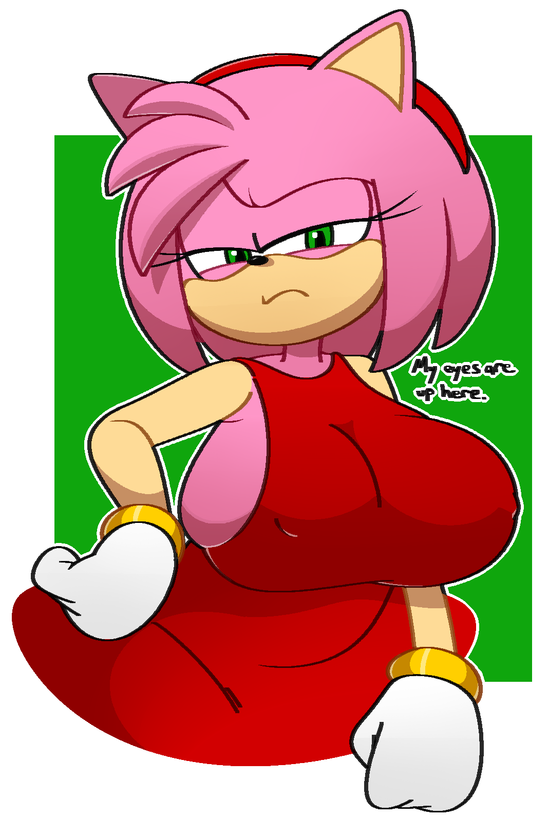 amy rose, annoyed, anthro, caught staring, fully clothed, furry, huge breasts, looking at viewer, my eyes are up here, nipples visible through clothing, simple background, solo female, sonic (series), vilepluff