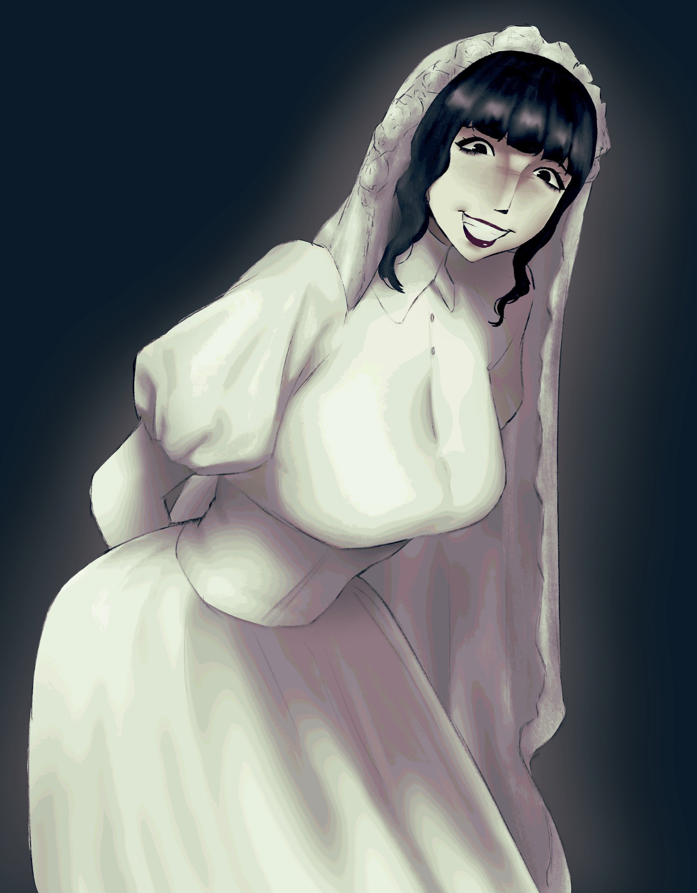 1girls, big breasts, black hair, breasts, clothed, clothed female, clothing, female only, meruzis, rosemary walten, smile, smiling, smiling at viewer, solo, solo female, the walten files, wedding dress