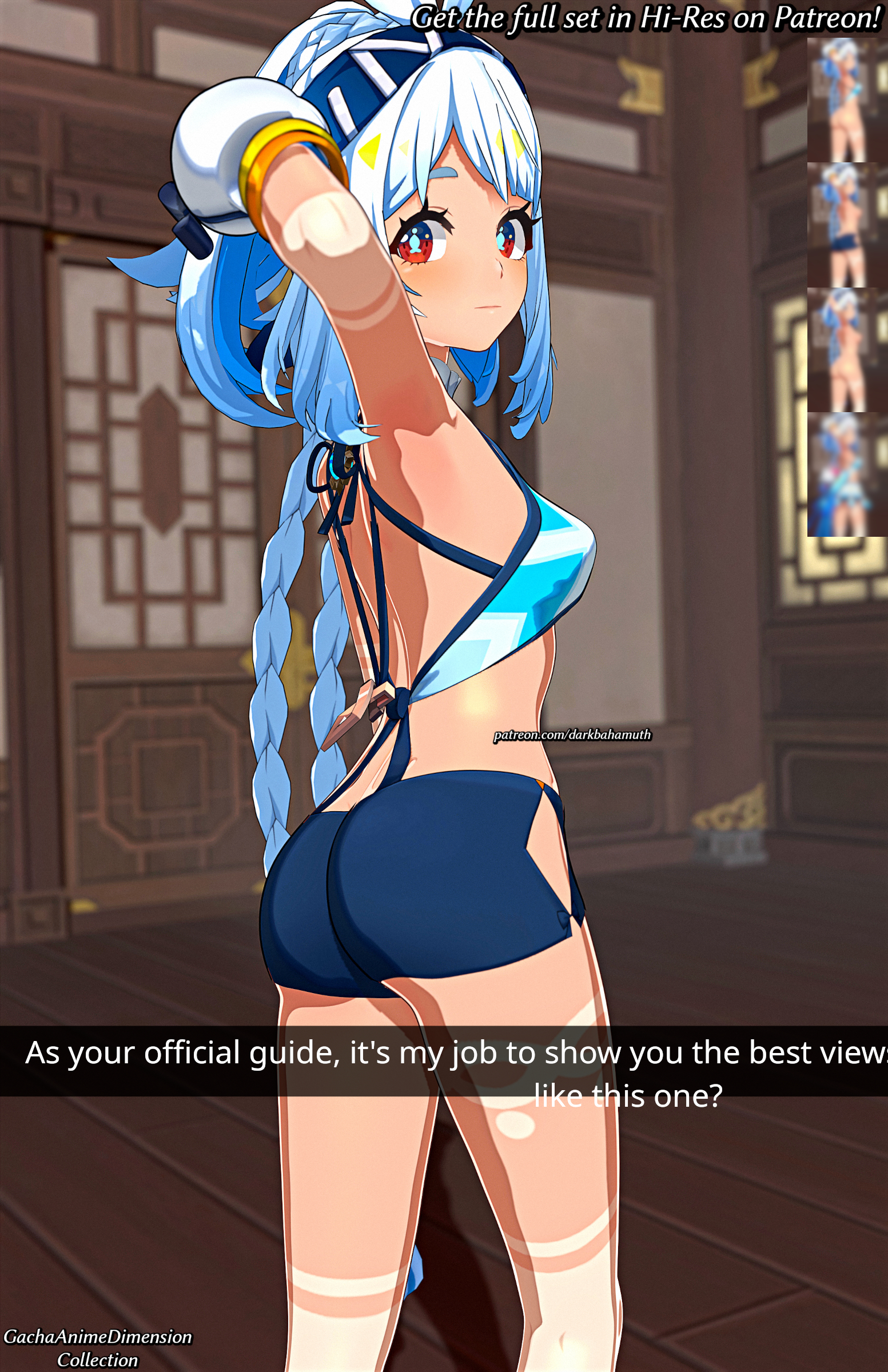 3d, 3d (artwork), anime, ass, darkbahamuth, female, genshin impact, mualani (genshin impact), petite, petite body, pinup, sfw, shorts, small ass