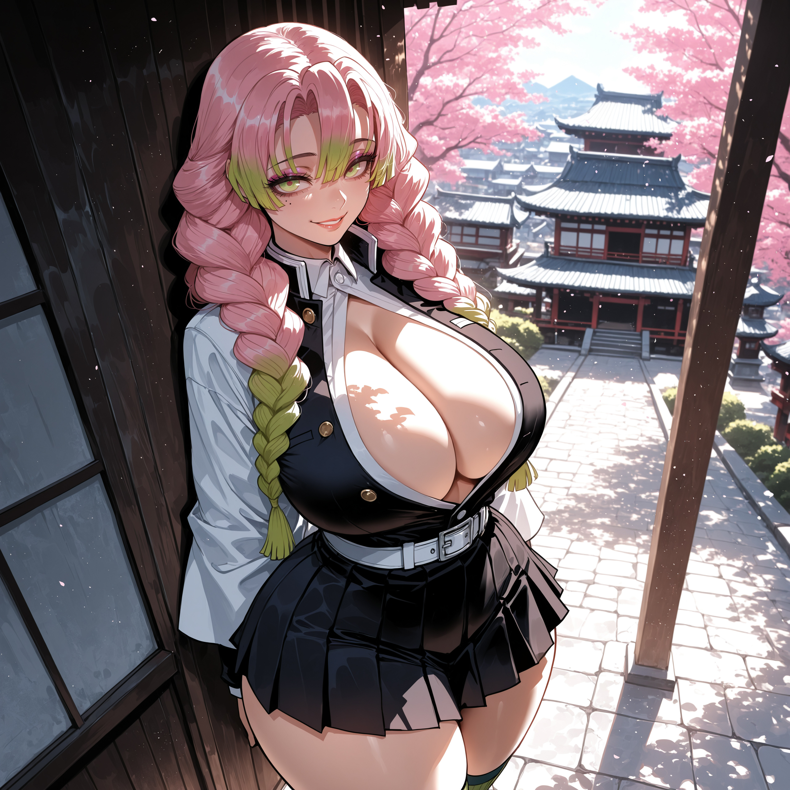 1girl, ai assisted, ai generated, arms behind back, bangs, belt, black jacket, black skirt, blush, braid, breasts, cherry blossoms, cleavage, coat, cowboy shot, curvaceous, curvy, curvy female, curvy figure, demon slayer, female, gradient hair, green eyes, green hair, haori, japanese clothes, kanroji mitsuri, katana, kimetsu no yaiba, lips, long hair, long sleeves, looking at viewer, miniskirt, miyuai, mole, mole under eye, multicolored hair, outdoors, partially unbuttoned, petals, pink hair, pleated skirt, skirt, smile, solo, sword, thick, thick ass, thick butt, thick hips, thick legs, thick thighs, thighhighs, thighs, uniform, voluptuous, voluptuous female, wading, water, weapon, white belt, wide hips, wide thighs, zettai ryouiki