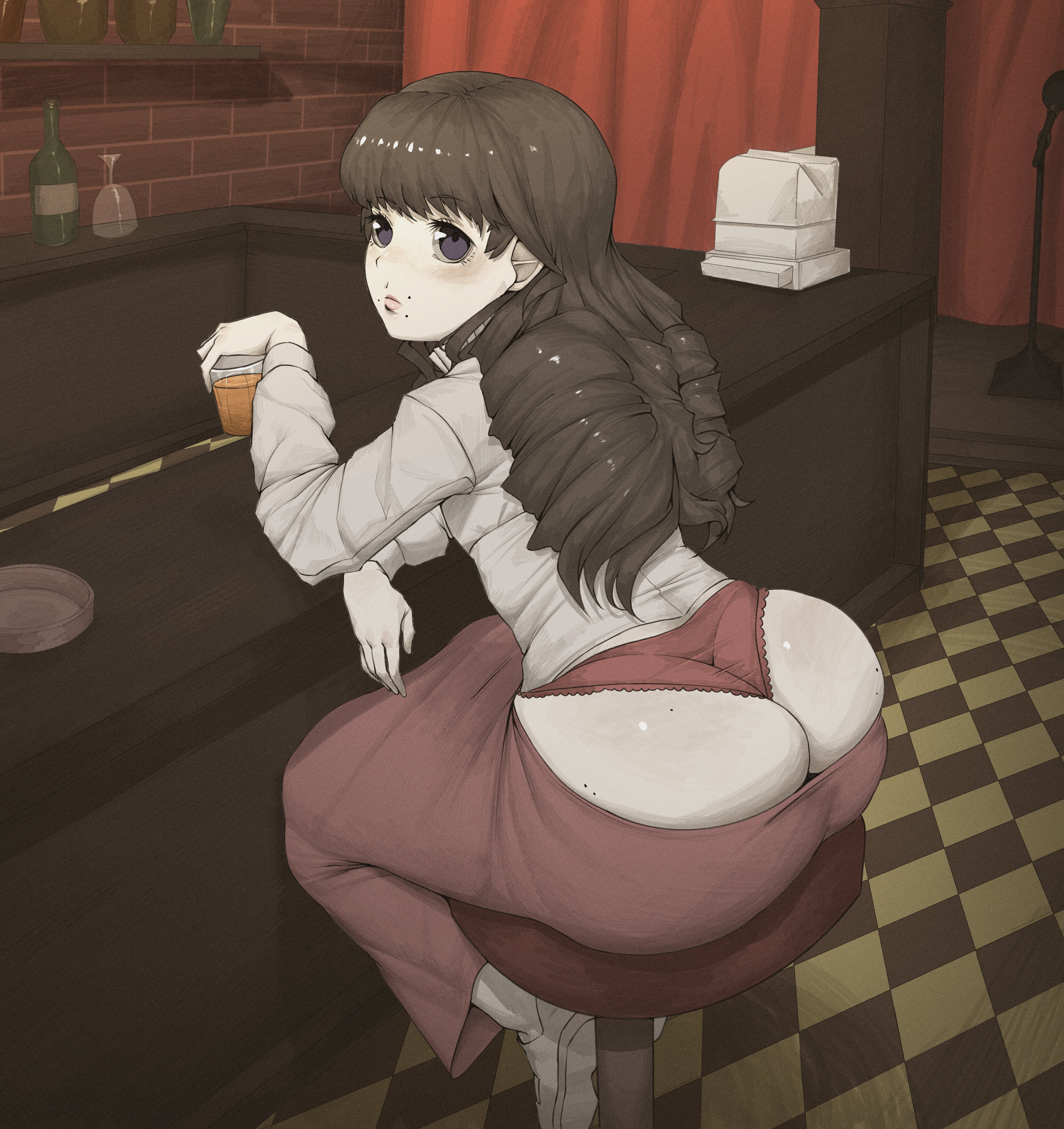 1girls, 2026, 2d, 2d (artwork), ass, ass cleavage, ass focus, ass out, bangs, beauty mark, big ass, big butt, black eyes, bottomwear, bottomwear halfway down, brown hair, bubble ass, bubble butt, butt, butt cleavage, butt focus, clothed, clothed female, clothing, curly hair, curvaceous, curvy, curvy female, curvy figure, exposed, exposed ass, fear and hunger, fear and hunger: termina, female, female only, hi res, highres, kyokeer, large ass, large butt, light skin, light-skinned female, long hair, marina (fear and hunger), mole, mole on ass, mole under eye, mole under mouth, pale skin, pale-skinned female, panties, revealing clothes, round ass, round butt, skimpy, skimpy clothes, skindentation, solo, solo female, straight hair, thick, thick ass, thick thighs, thighs, trans, trans woman, transfem, transgender, underwear, voluptuous, voluptuous female