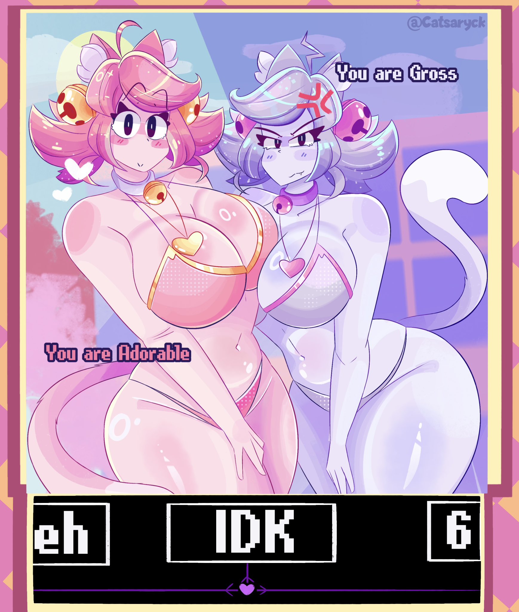 2girls, cat ears, cat tail, catgirl, catsaryck, deltarune, deltarune chapter 5, dual persona, irritable ghost (deltarune), mad dummy, mad mew mew, pink (deltarune), tagme, undertale