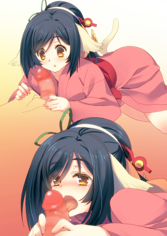 1boy animal_ears black_hair blush censored erection fellatio female hair_ribbon japanese_clothes kimono kuon_(utawarerumono) long_hair mosaic_censoring obi open_mouth oral penis poncho_s ponytail ribbon sash simple_background solo_focus tail tied_hair utawarerumono utawarerumono:_itsuwari_no_kamen yellow_eyes