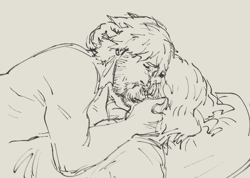 black and white, fanfic art, fanfiction available, gay, iron lung (movie), laying down, laying on bed, making out, male only, morning sex, on bed, project hail mary, ryland grace, simon (iron lung), sketch