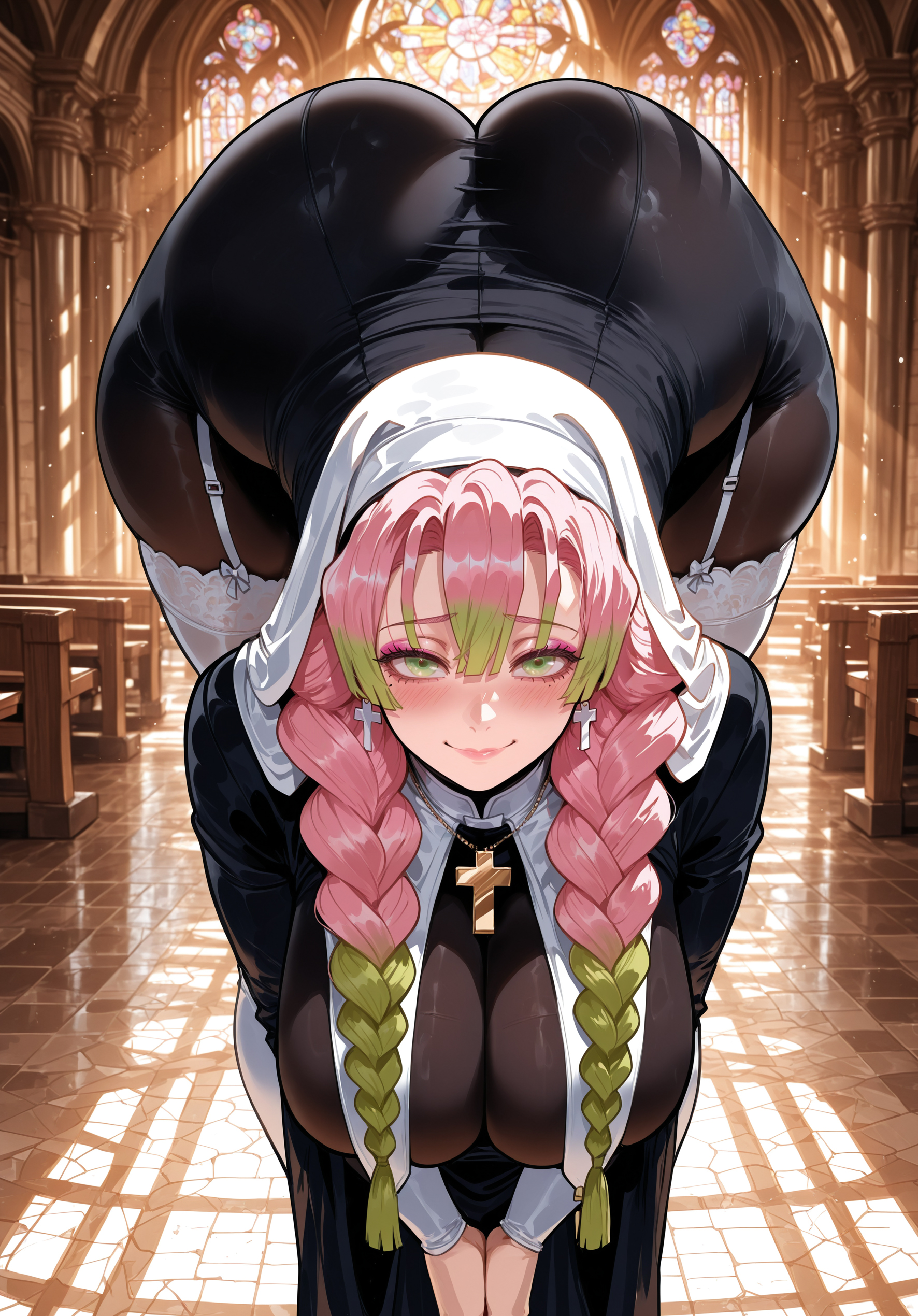 1girl, ai assisted, ai generated, all fours, ass, black bodysuit, blush, braid, breasts, cleavage, closed mouth, curvaceous, curvy, curvy female, curvy figure, day, demon slayer, female, gradient hair, green eyes, green hair, hanging breasts, haori, japanese clothes, jewelry, kanroji mitsuri, kimetsu no yaiba, large breasts, lips, long hair, long sleeves, looking at viewer, miyuai, mole, mole under eye, multicolored hair, pink hair, see-through, smile, solo, thick, thick ass, thick butt, thick hips, thick legs, thick thighs, thighs, uniform, voluptuous, voluptuous female, wide hips, wide thighs