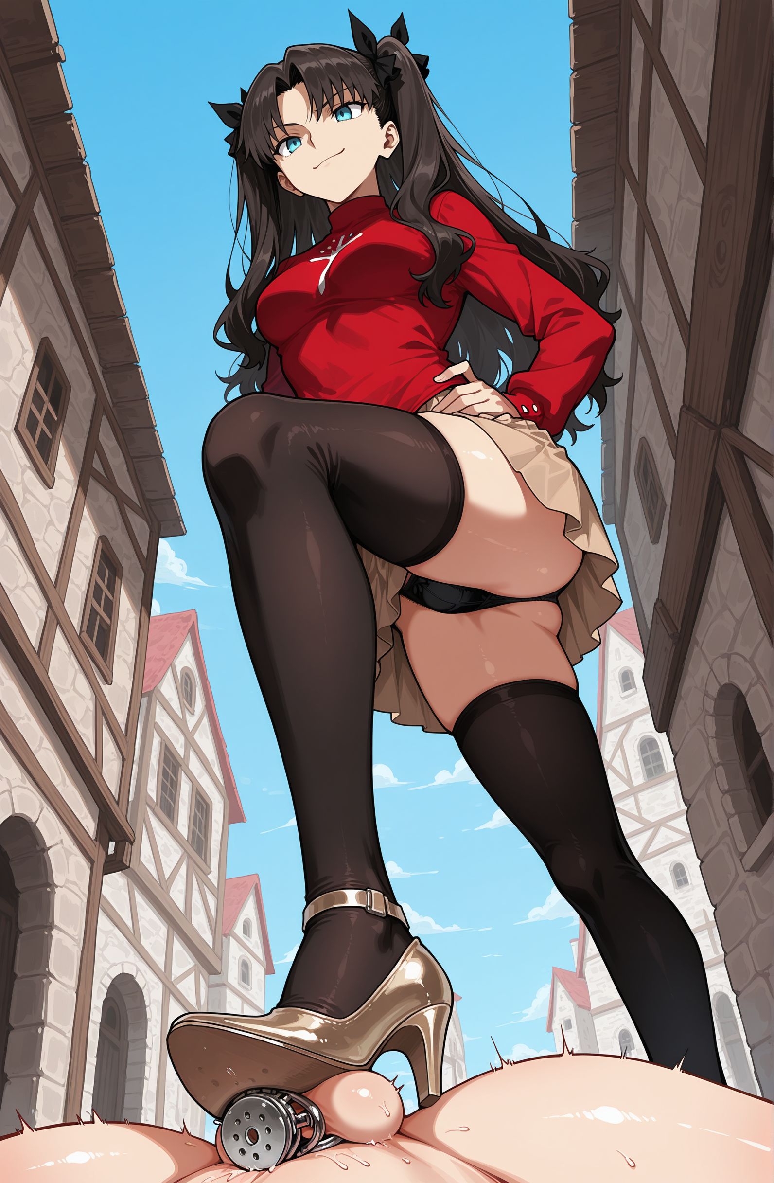 ai generated, chastity cage, dominant, dominant female, elkazama yumi, femdom, foot fetish, foot on balls, footwear, nude male, shoes, slave boy, stepped on, submissive male, tohsaka rin