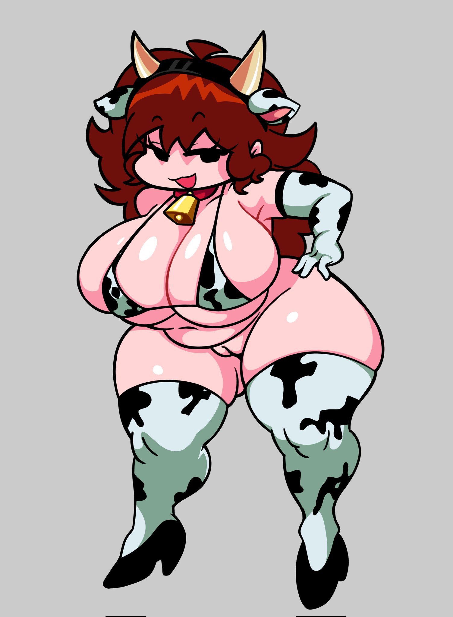 1girls, auburn hair, big breasts, boxgarten, cow bell, cow ears, cow print, cow print bikini, friday night funkin, girlfriend (friday night funkin), massive breasts, massive thighs, solo, thick ass, thick calves, thick thighs, thighhighs