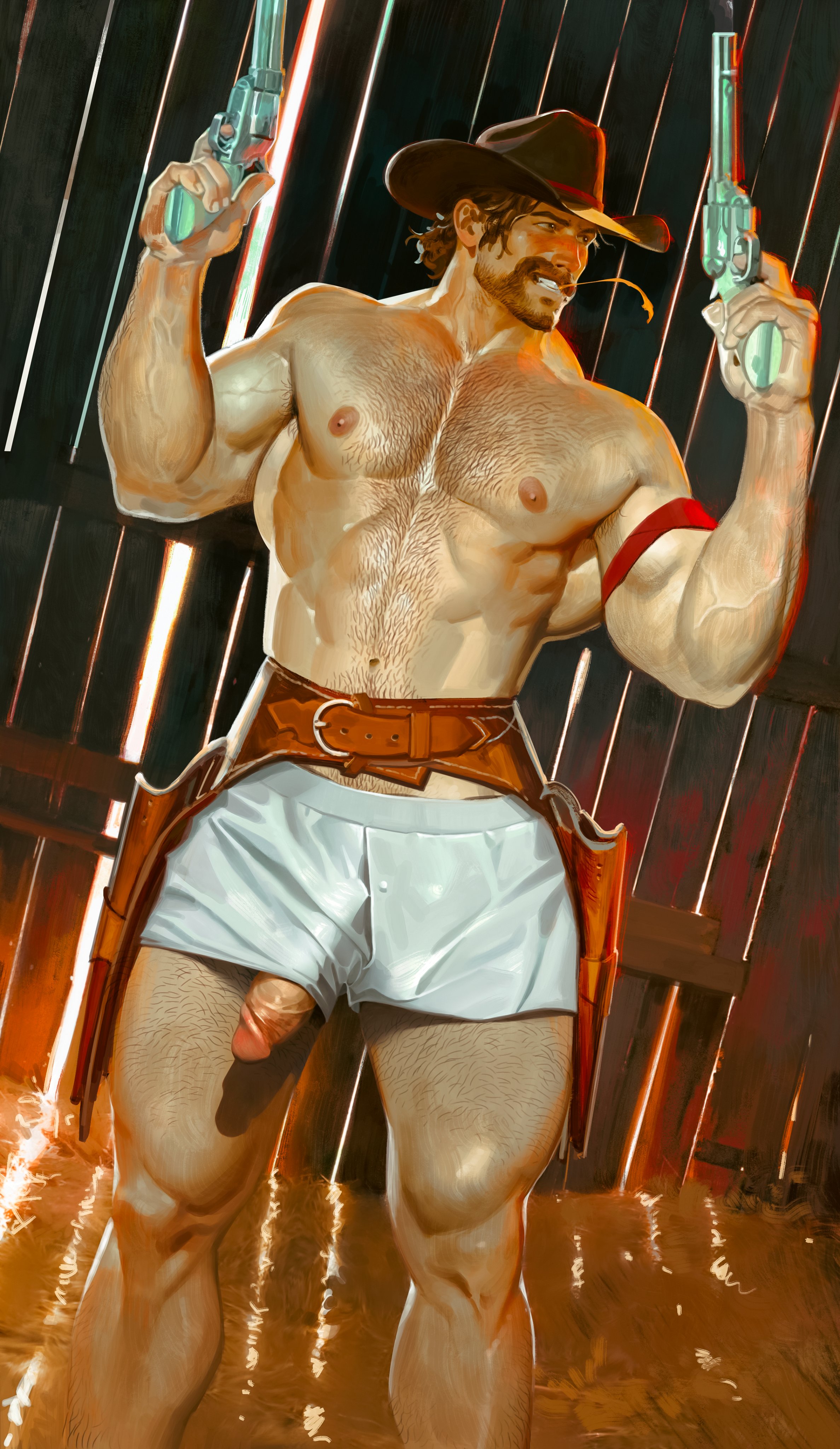 1boy, almost naked, almost nude, arthur morgan, barn, beard, cock, cowboy, cowboy hat, gay, gay male, genitals, hairy, hairy chest, hairy male, hard nipples, hat, holster, male, male only, muscles, muscular, muscular legs, muscular male, muscular thighs, nipples, penis peek, penis poking out, qai san, red dead redemption (series), red dead redemption 2, solo, solo focus, solo male, thick penis, underwear, underwear down, veiny penis, white underwear