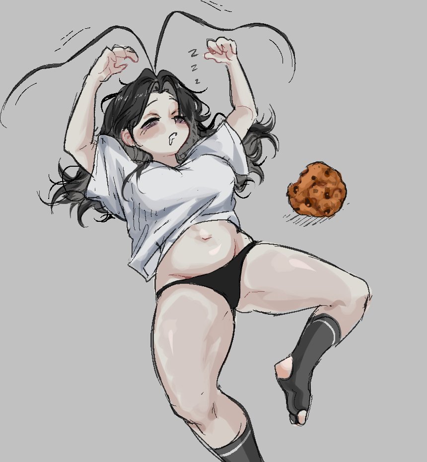 belly black_hair cookie curvy laying_on_back marblechii original panties roach_(marblechii) roach_girl sleeping socks thick_thighs