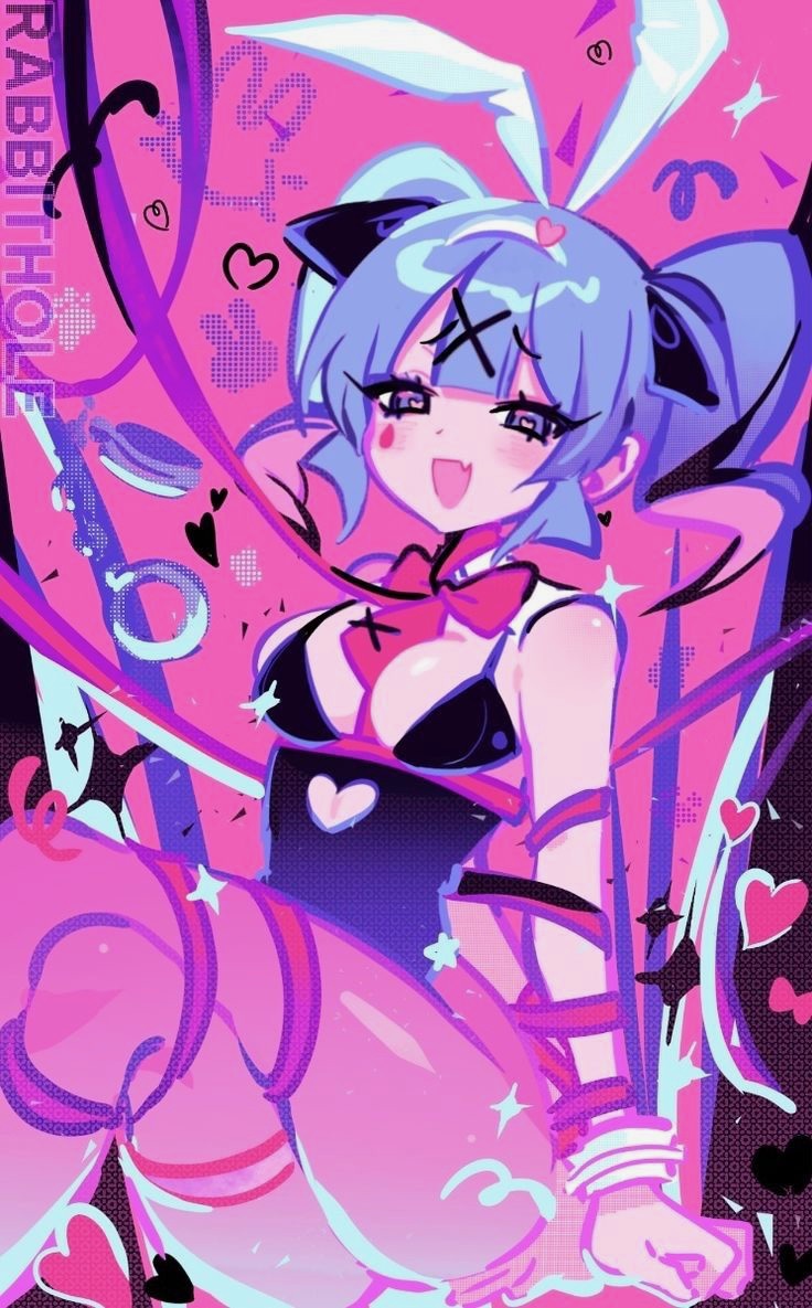 1girl, animal ears, bangs, big breasts, blue hair, blush, bound, bow, bowtie, breasts, bunny ears, bunny girl, bunny tail, bunnysuit, cleavage, cuffs, fake animal ears, fang, female, hair ornament, handcuffs, hatsune miku, heart, heart eyes, heart-shaped pupils, leotard, long hair, looking at viewer, medium breasts, open mouth, pantyhose, pink eyes, pink hair, playboy bunny, purple eyes, purple hair, rabbit ears, rabbit hole (vocaloid), ribbon, sitting, skin fang, smile, solo, thighs, twintails, vocaloid
