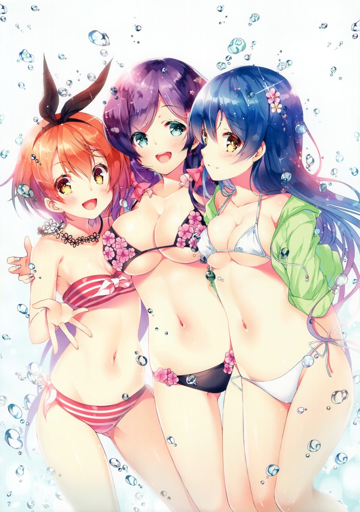 3girls bikini blue_eyes blue_hair blush breasts female female_only hair hoshizora_rin large_breasts long_hair love_live! love_live!_school_idol_project medium_breasts miwabe_sakura multiple_girls navel orange_eyes orange_hair purple_hair short_hair small_breasts sonoda_umi toujou_nozomi yellow_eyes