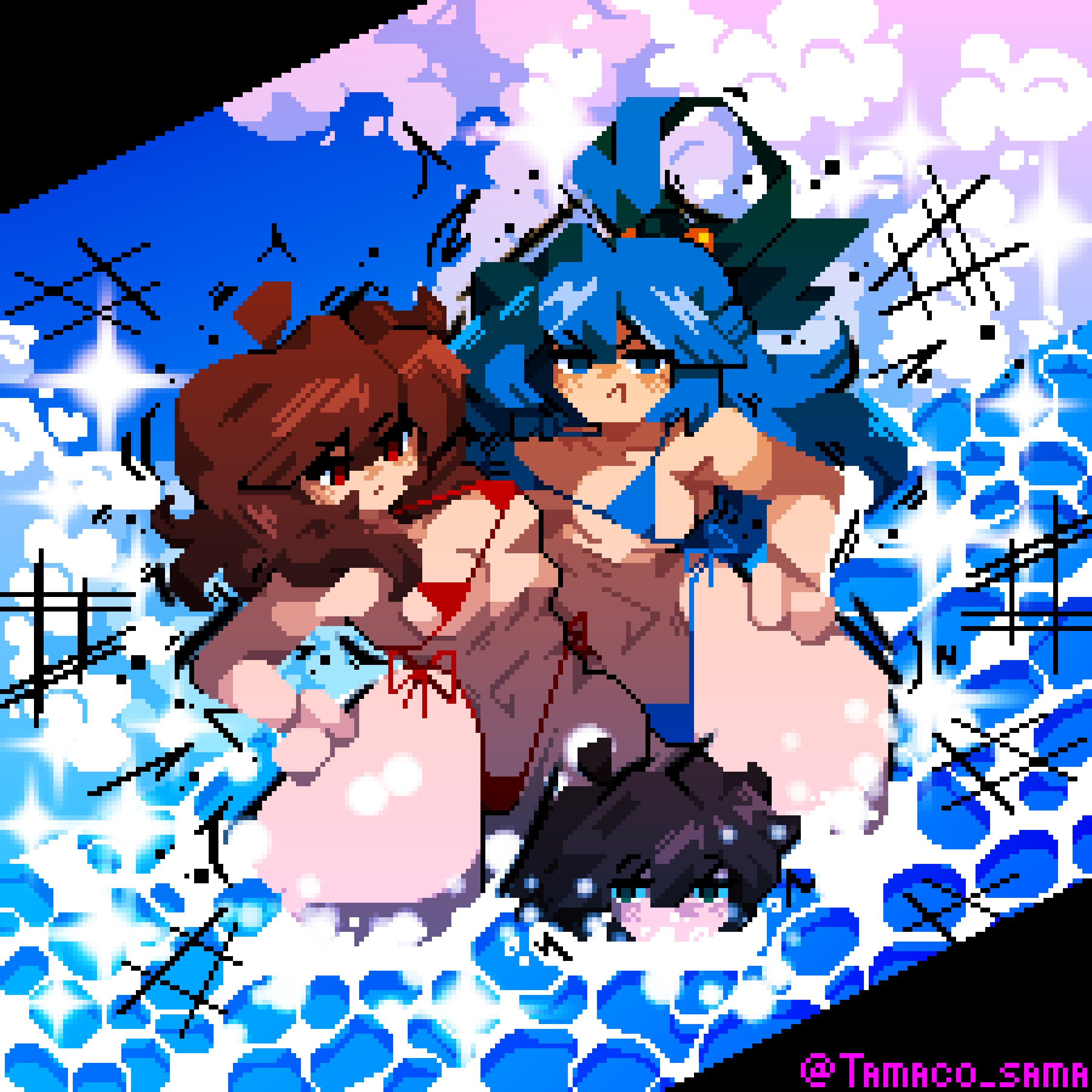 1boy, 2025, 2girls, aqua (konosuba), artist name, bikini, black border, blue bikini, blue eyes, blue hair, breasts, brown hair, cloud, duo, duo focus, female, hips, kono subarashii sekai ni shukufuku wo!, light skin, light-skinned female, megumin, pixel art, red bikini, red eyes, sky, swimwear, tagme, tamaco, thick thighs, thighs, water, wide hips