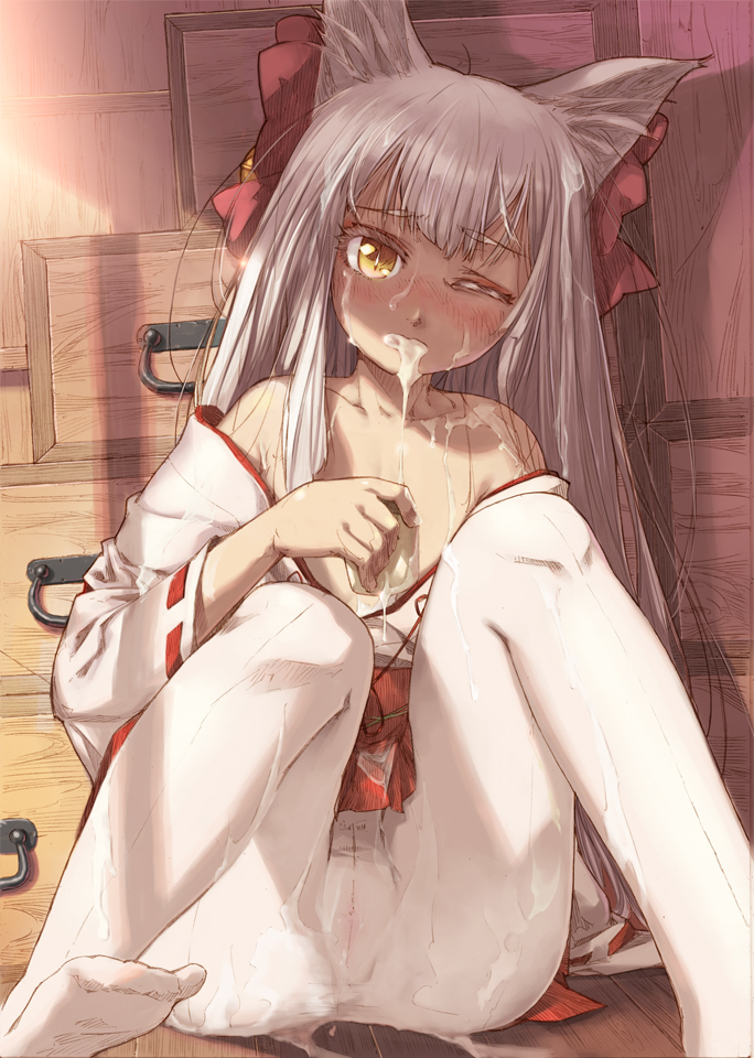 animal_ears bare_shoulders bell blush bow collarbone cum cum_on_body cum_on_lower_body cum_on_upper_body facial female flat_chest hairbow japanese_clothes jingle_bell meiz one_eye_closed pantyhose sitting traditional_clothes white_hair wide_sleeves yellow_eyes