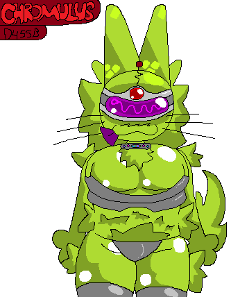 alien antenna_hair anthro armor big_ears breasts chromulus collar_ring domestic_cat felid feline felis female fluffy fluffy_chest fluffy_tail fur green_body green_fur hair low_res mammal metal_panties tail thigh_fluff tongue tongue_out visor_eyes whiskers zoopler_(chromulus)