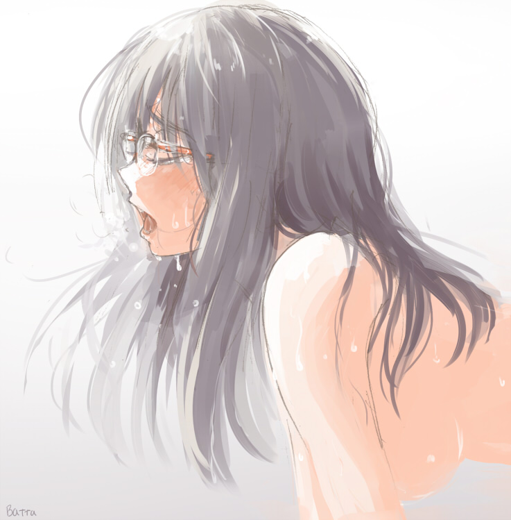 batta_(kanzume_quality) blush breasts closed_eyes female glasses grey_hair hanging_breasts heavy_breathing long_hair nude saliva solo sweat