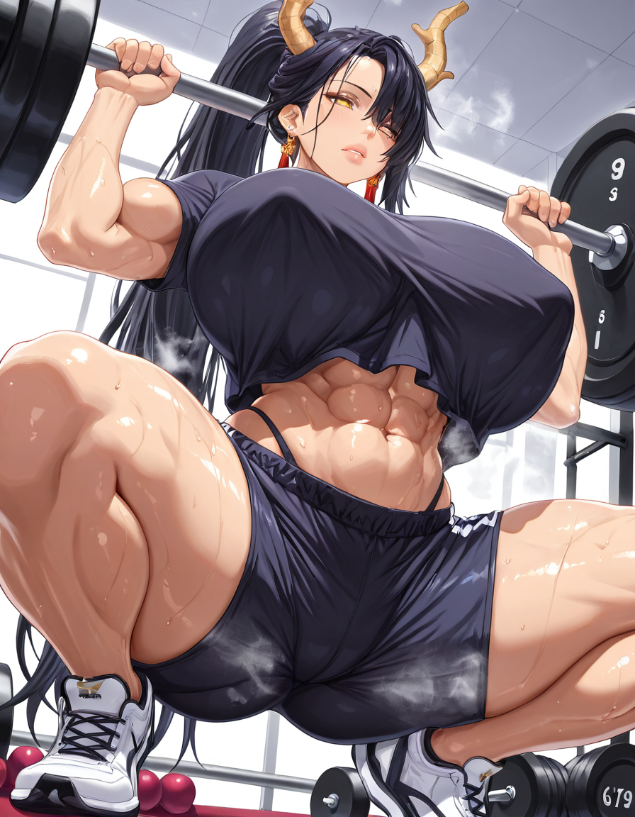 abs, ai generated, ass, big ass, big breasts, big female, breasts, breasts bigger than head, curvy, curvy body, curvy female, curvy figure, curvy hips, dark skin, dragon, dragon girl, dragon horns, female, female only, from below, gym, highleg panties, huge ass, huge breasts, larger female, long hair, massive breasts, mature female, midriff, navel, nipple bulge, original, original character, ponytail, slim waist, spread legs, squatting, starlightnex, steaming body, strong female, sweat, sweatdrop, thick, thick ass, thick hips, thick legs, thick lips, thick thighs, thigh highs, thighs, tight clothing, wide hips, yamato (starlightnex)
