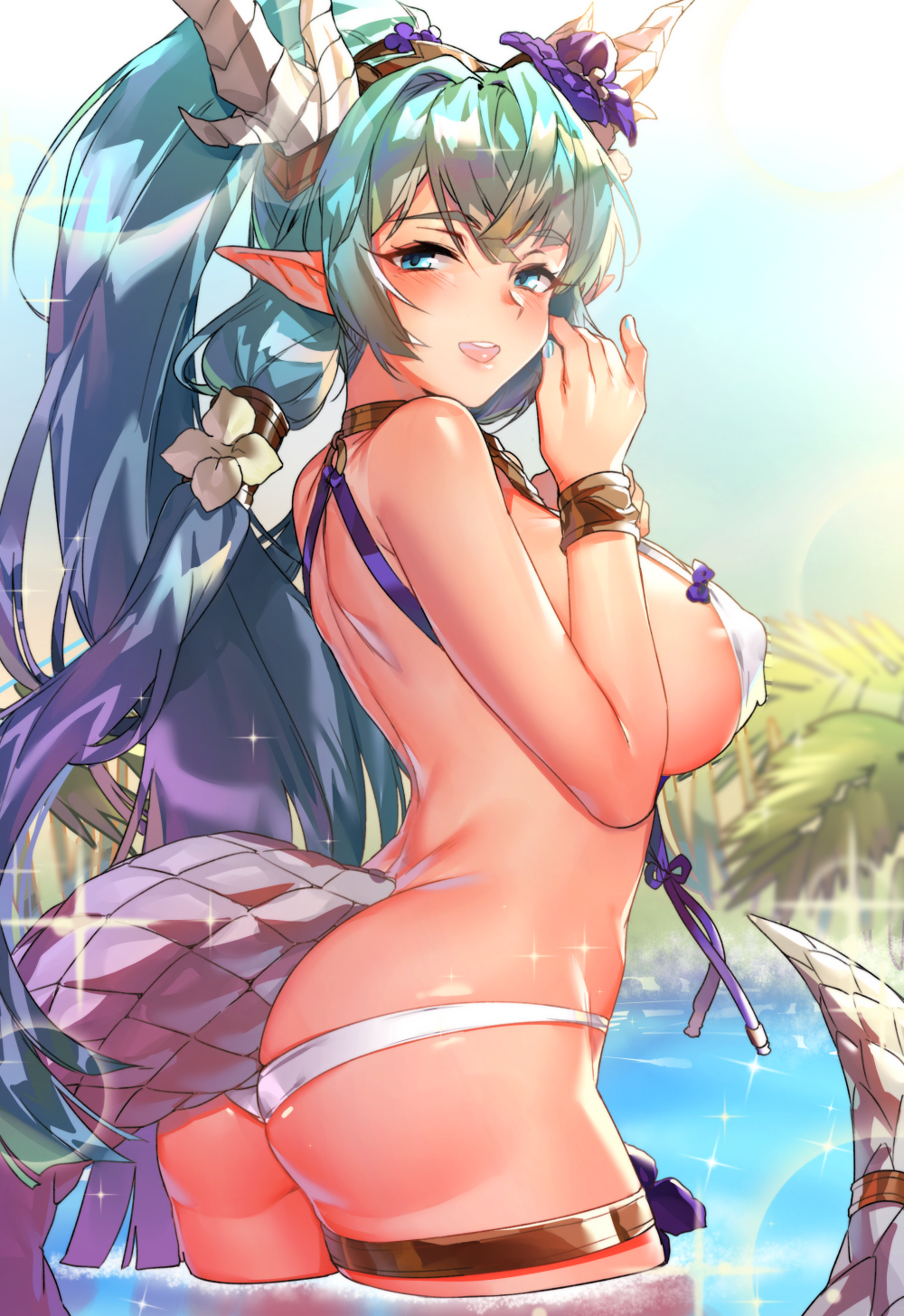 1girl 1girls aqua_nails arched_back ass bare_shoulders bikini blue_eyes blue_hair blush bracer breasts butt_crack covered_erect_nipples day dragon_girl dragon_horns dragon_tail female from_side hair_ornament halterneck highres horns jewelry king's_raid laias_(king's_raid) large_breasts long_hair looking_at_viewer lowleg lowleg_bikini monster_girl multiple_hair_ties nail_polish naso4 o-ring open_mouth outdoors palm_tree pointy_ears ponytail reptile_humanoid round_teeth shoulder_blades sideboob sidelocks smile solo sparkle swimsuit tail teeth thighlet tree upper_teeth_only very_long_hair wading water