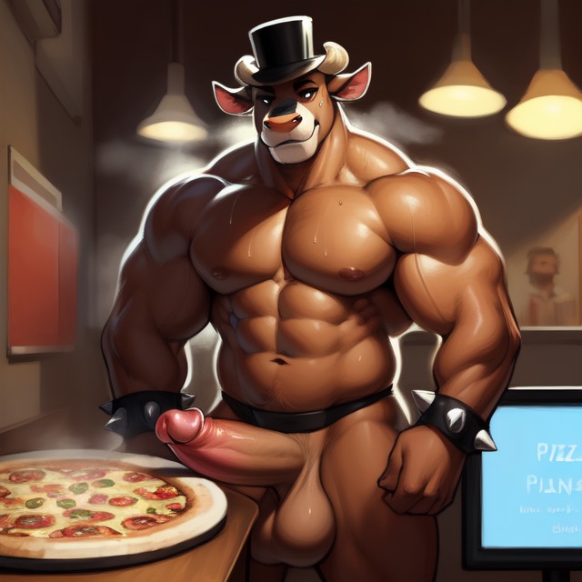 ai_generated anthro bane_(tnar) big_balls big_penis bovid bovine bracelets bull fazbear_fanverse five_nights_at_freddy's frosting.ai furry furry_male furry_only genitals male_focus male_only muscles muscular muscular_male nude nude_male pizza public public_exposure public_nudity sugar1989 those_nights_at_rachel's top_hat