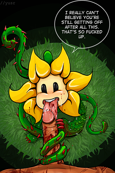 blood blowjob dialogue english_text faceless_male fellatio flora_fauna flowey_the_flower gore human male male_pov mammal open_mouth oral plant pov sex text thorns tongue tongue_out undertale unknown_artist vinejob vines