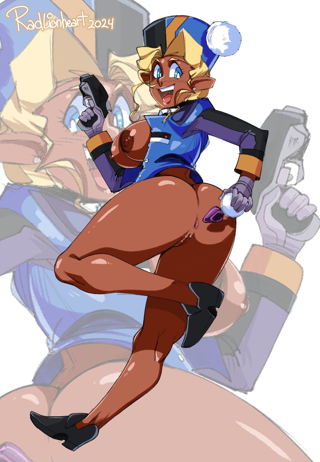 1girls 2024 anus areolae artist_signature back_view big_ass big_breasts blonde_hair blue_eyes buttplug dark-skinned_female hi_res high_heels long_legs mihoshi_kuramitsu nipples partially_clothed pistol pistol_in_hand police_uniform policewoman pussy radlionheart smiling tenchi_muyo! thick_thighs weapon wide_hips