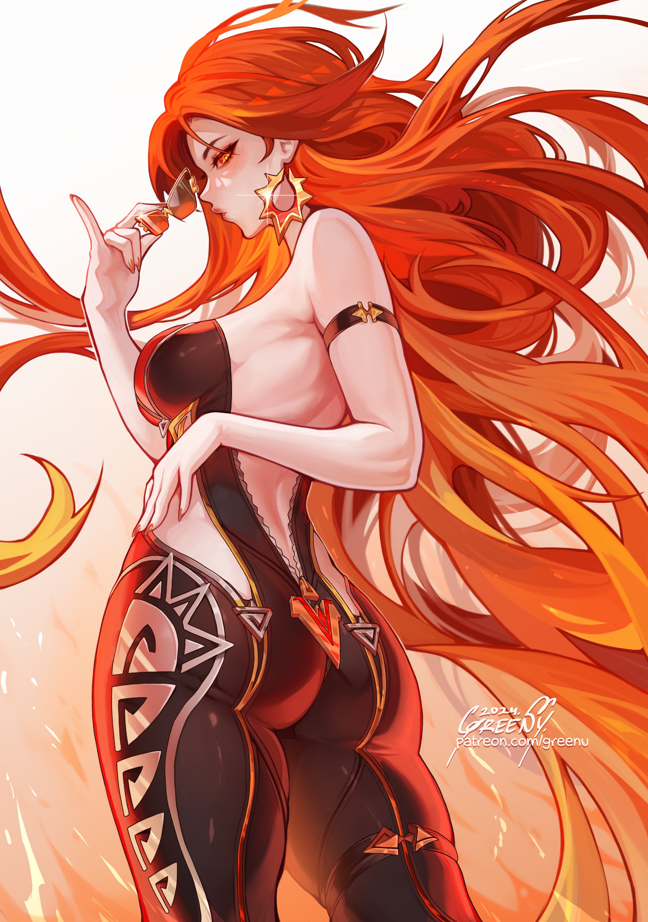 1girls, ass, backless outfit, clothing cutout, female, female only, genshin impact, greenu, highres, long hair, mavuika (genshin impact), red hair, sunglasses, very long hair