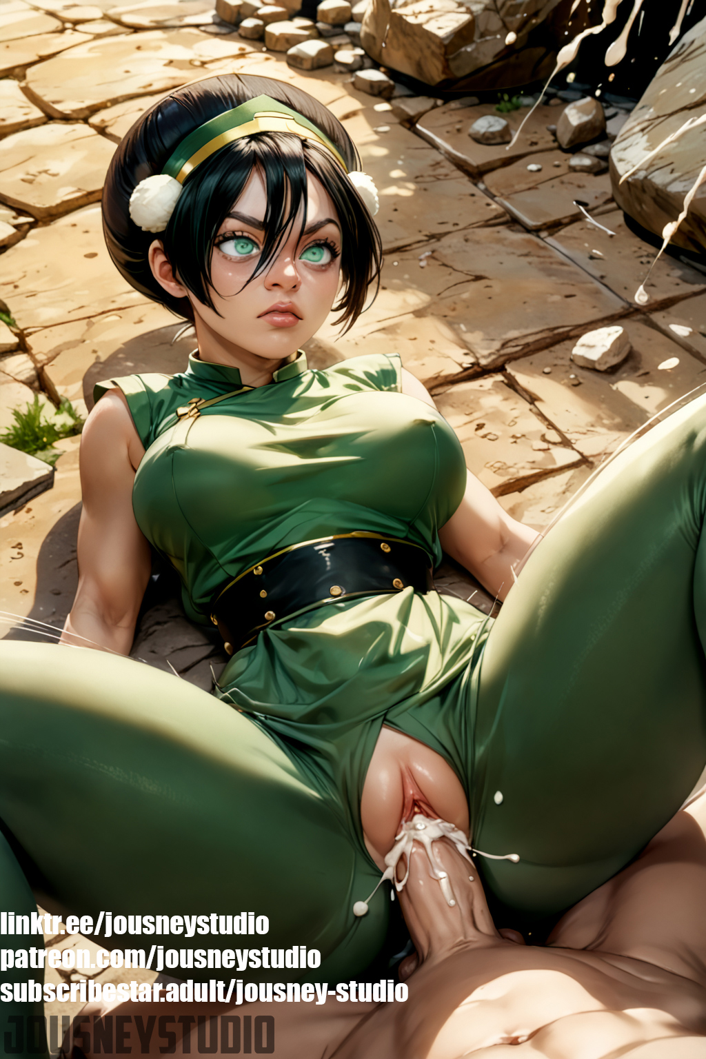 1boy 1girls aged_up ai_generated avatar_legends avatar_the_last_airbender black_hair blind breasts clitoris clothed_female_nude_male clothed_sex clothing earth_kingdom female green_eyes hair_between_eyes hair_bun hairband headwear jousneystudio large_breasts lips looking_at_viewer lying male male/female nakadashi nude on_back overflow parted_lips partial_male penis pom_pom_(clothes) rock semen sex short_hair single_hair_bun sleeveless solo_focus spread_legs straight tied_hair toph_bei_fong torn_clothes vagina vaginal_penetration veins veiny_penis