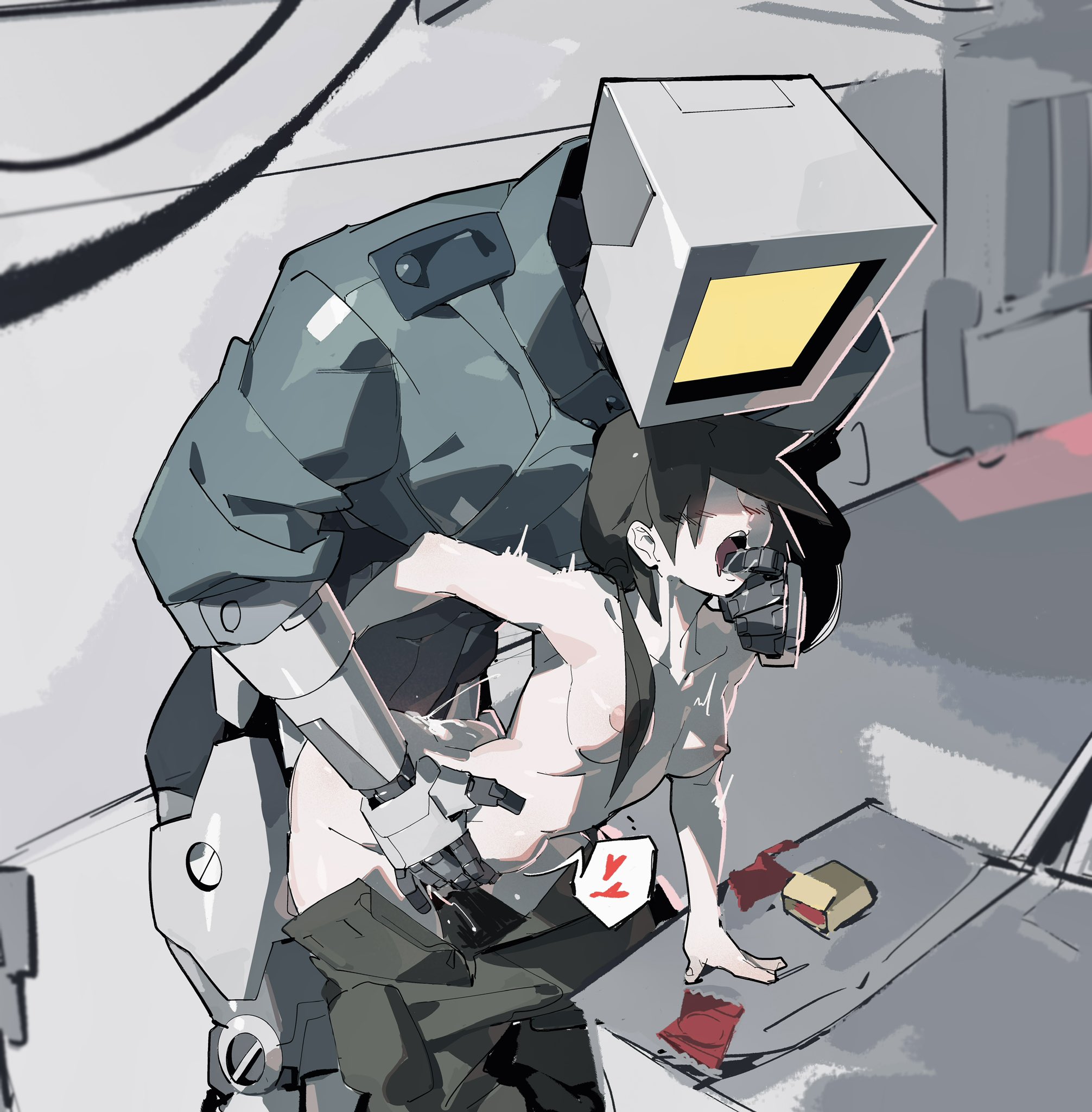 1girls, ass, breasts, breasts out, cracker68659106, cum, female, hand in mouth, human on robot, male, oc, pipebomb (cracker68659106), robot, robot boy, sex, tagme, tv head