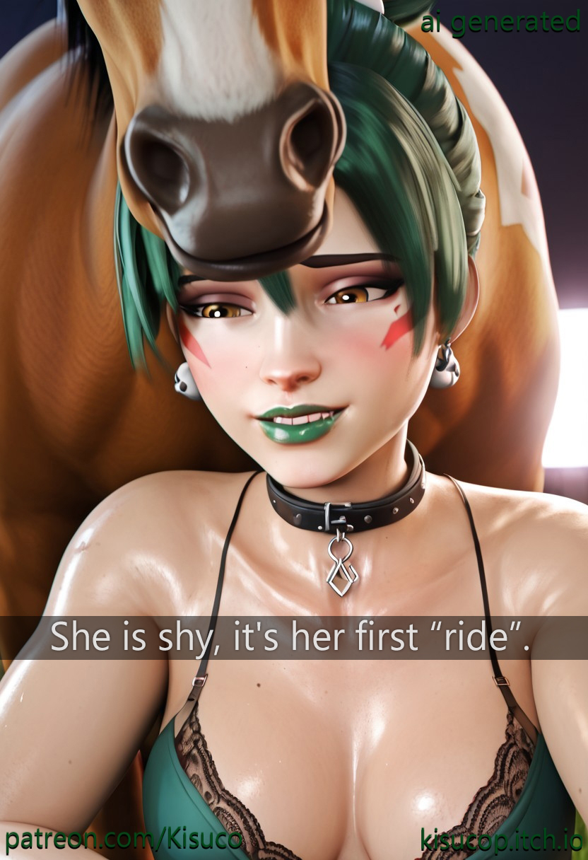 ai_generated asian_female collar couple_love earrings green_hair horse imminent_oral kiriko_(overwatch) kisuco lace_bra ninja_girl overwatch_2 pale-skinned_female selfie_pose shy sweatdrop sweaty_body virgin