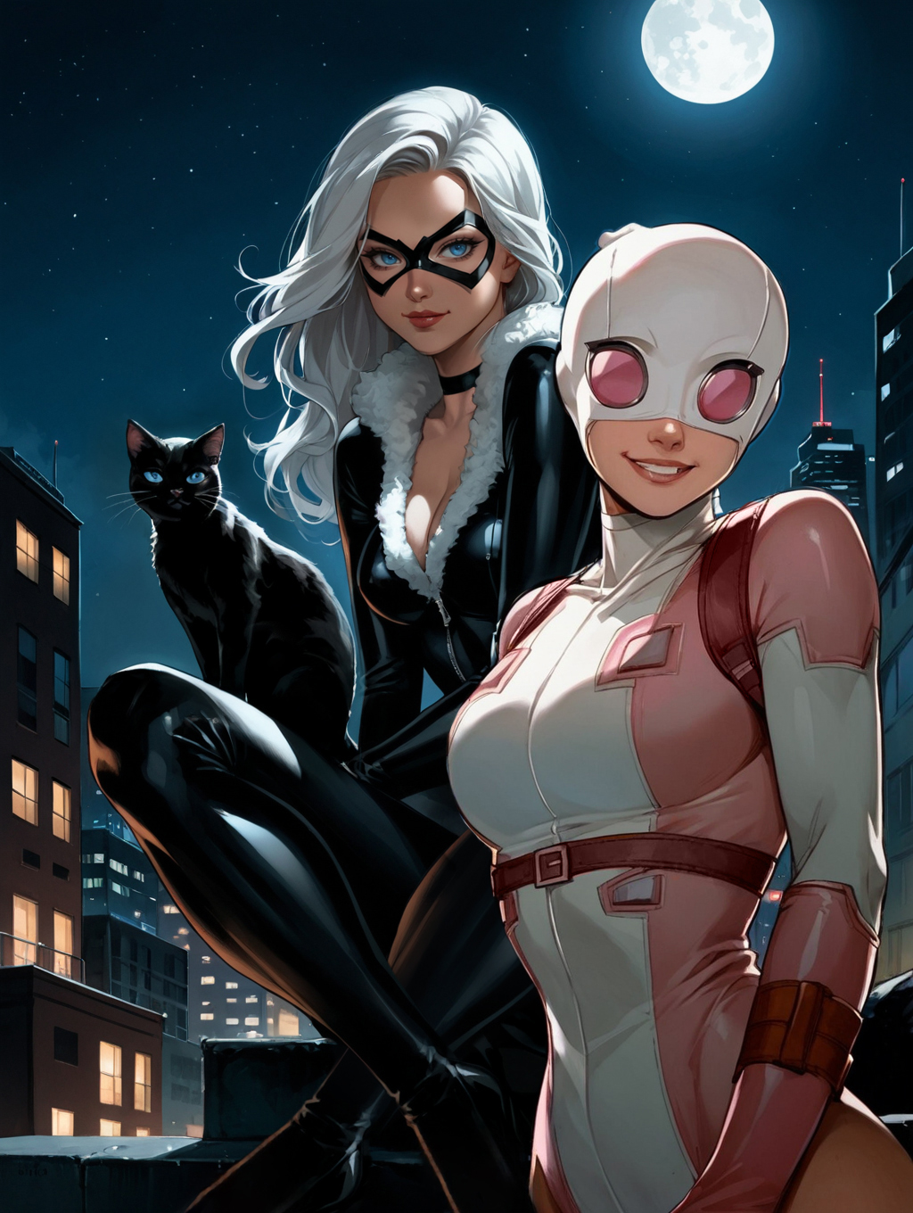 2girls ai_generated black_cat_(fortnite) black_cat_(marvel) blue_eyes bodysuit cleavage difference duo felicia_hardy feline female female_only fortnite gradient_hair gwenpool gwenpool_(fortnite) latex_suit marvel marvel_comics mask new_york penguih perfect_body rooftop sexy_pose sfw silver_hair spider-man_(series) stable_diffusion superheroine tight_clothing together two_girls yuri