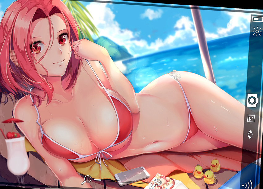 1girls, artist request, beach, bikini, breasts, cellphone, cleavage, drink, female, female only, front-tie top, high resolution, iphone, large breasts, lens flare, liu guniang, looking at viewer, lying, navel, on side, original, phone, photo, red eyes, red hair, rubber duck, sea, shiny, shiny skin, short hair, side-tie bikini, smartphone, smile, solo, strap lift, swimsuit, towel