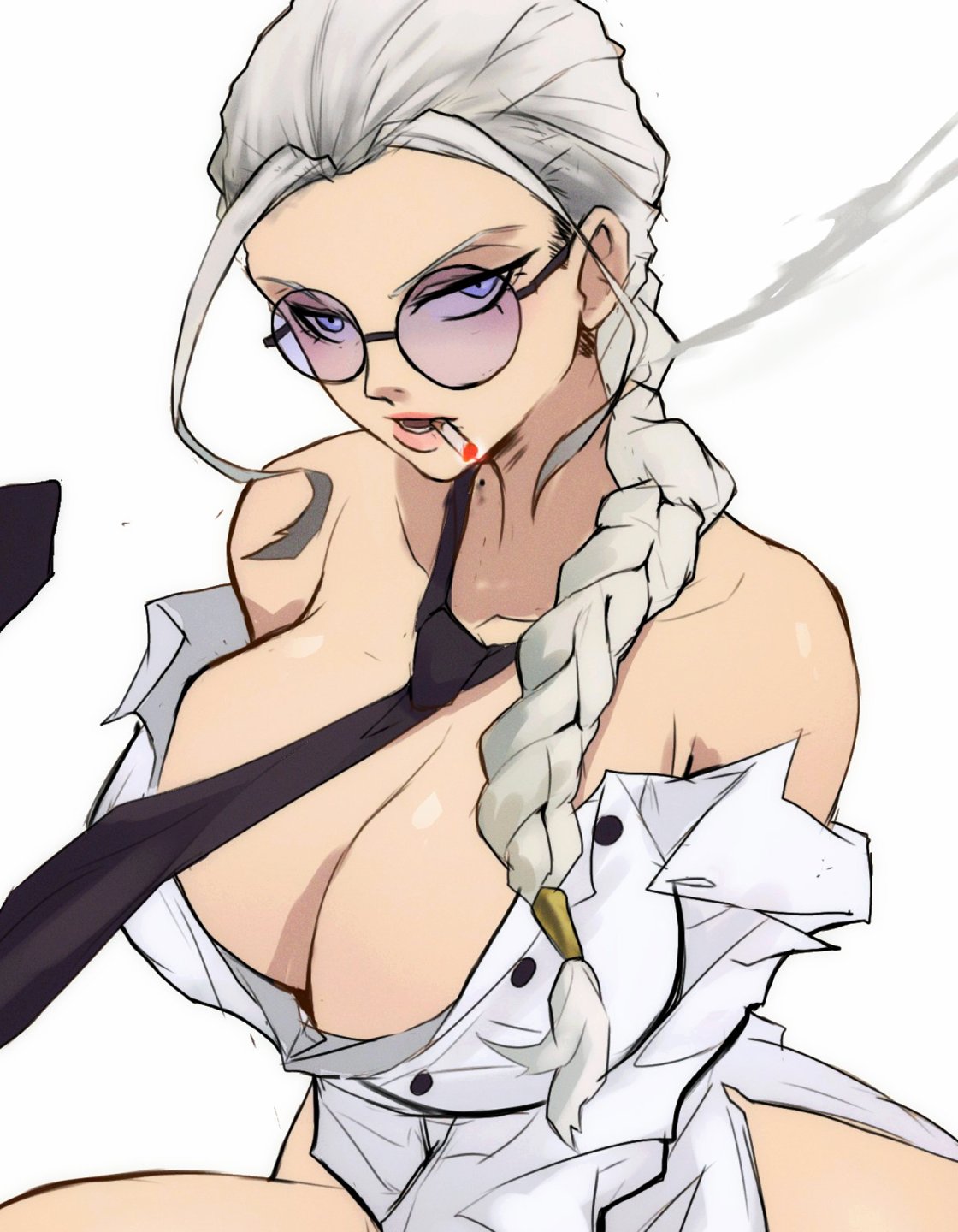 big_breasts breasts breasts cigarette clothed clothing foonie_xd glasses gokurakugai_sanbandori_no_ken no_bra no_panties older_female shades shirt shirt_only sister_tao smoke smoking strip stripping suit tie