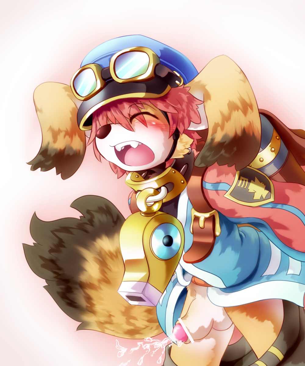 2013 anthro balls bandai_namco black_nose blush brown_fur canine censored cheek_tuft closed_eyes clothing collar cum cumshot eyewear fur goggles hair hands-free hat male mammal mamoru-kun open_mouth orgasm orgasm_face penis red_hair solatorobo solo solo_male teeth tongue tuft whistle 悠久屋こてつ