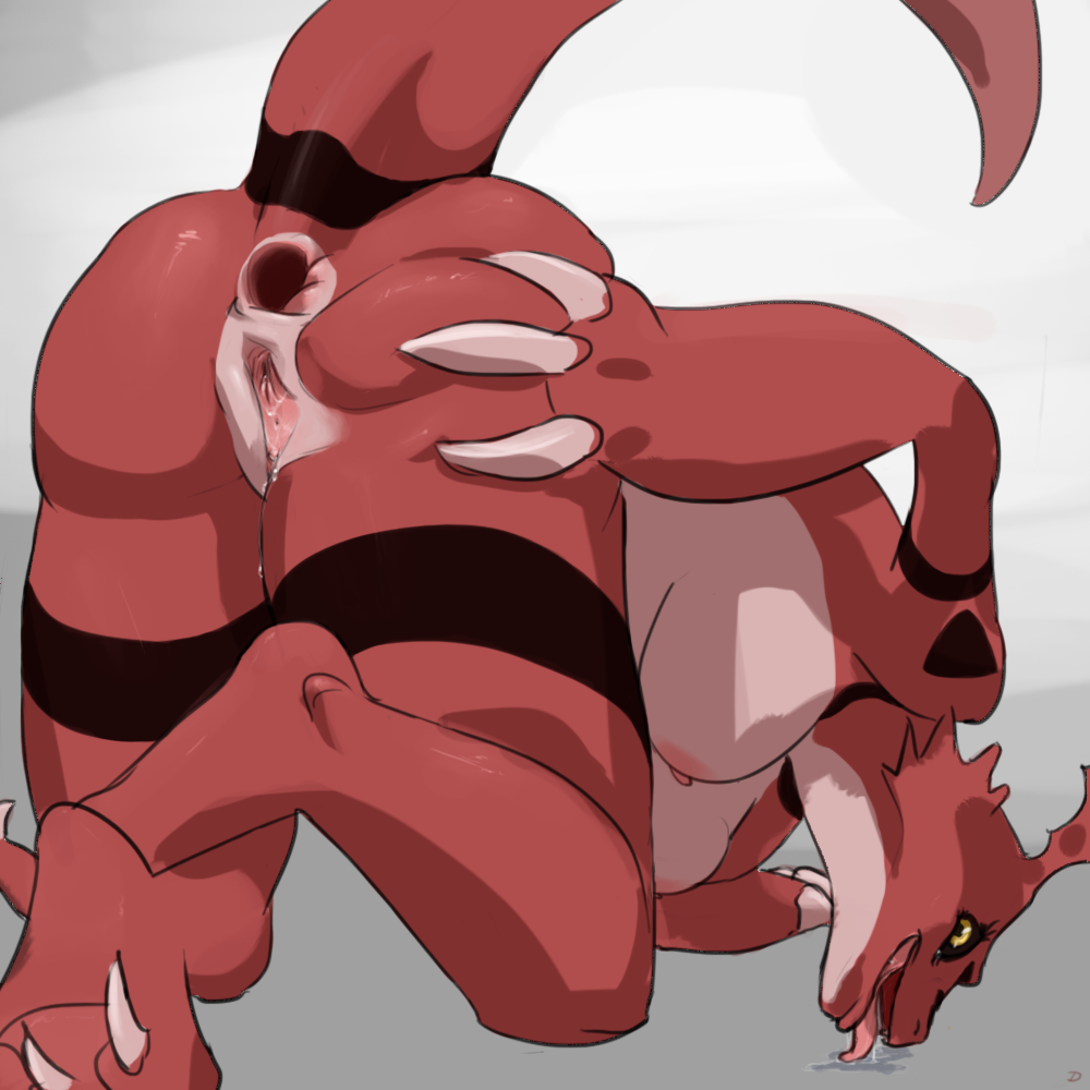 anus ass breasts digimon dragontherapist female genderswap guilmon looking_at_viewer nipples nude open_mouth pussy pussy_juice saliva scalie solo tongue tongue_out