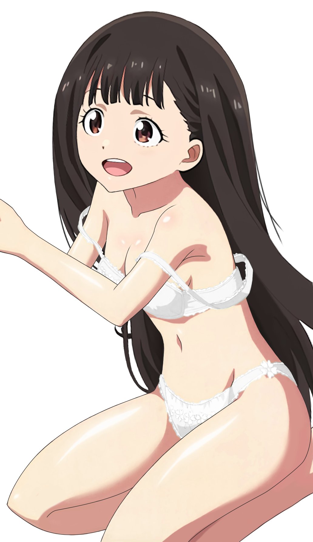 bra breasts brown_eyes brown_hair female highres long_hair make_heroine_ga_oo_sugiru! marusankaku medium_breasts nukumizu_kaju open_mouth panties pointy_chin simple_background smile solo underwear white_background white_bra white_panties