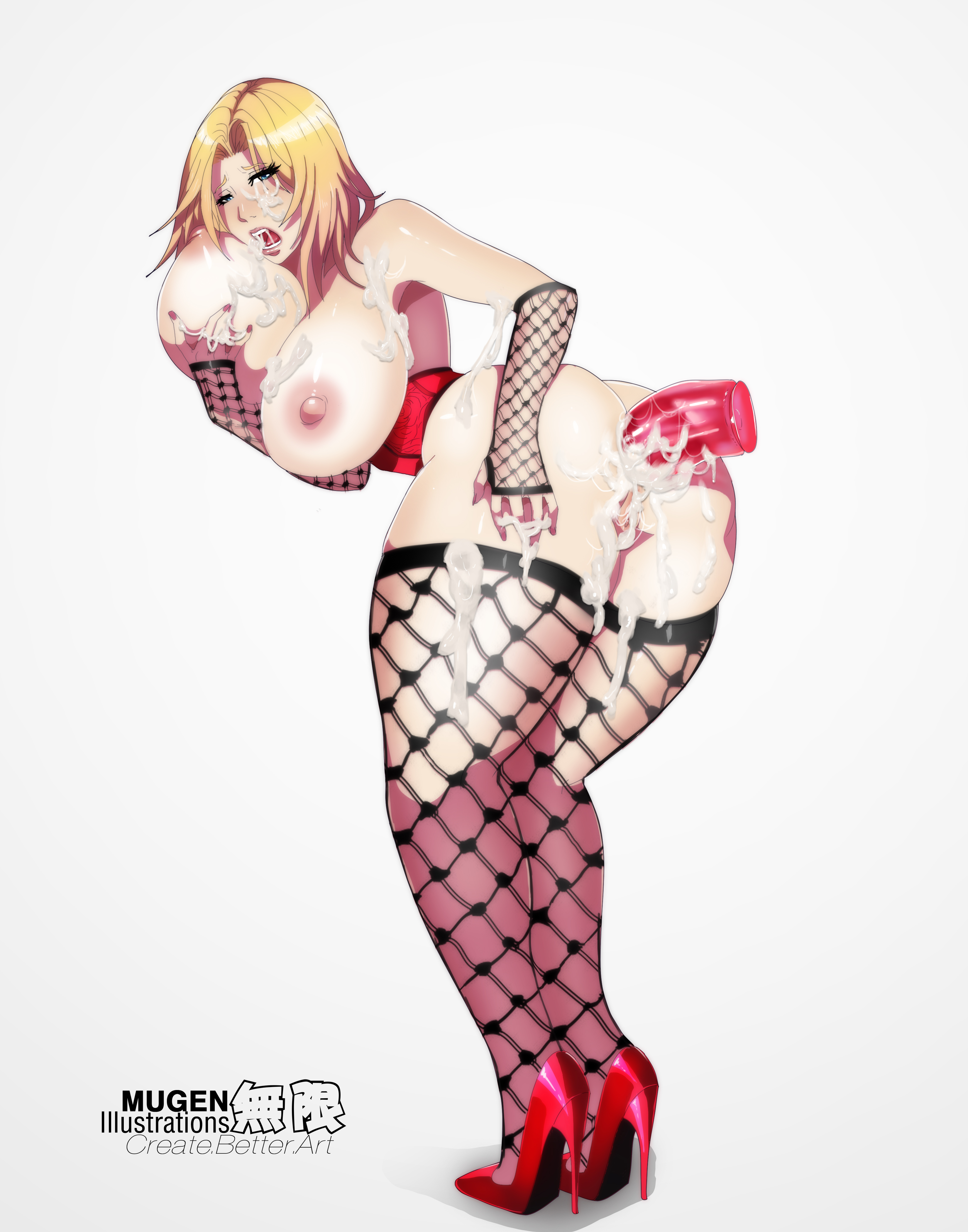 anal dildo, ass, bent over, blonde hair, blue eyes, breast hold, breasts, corset, cum, cum drip, cum on breasts, cum on lower body, cum on tongue, cum on upper body, dead or alive, female, female only, fishnet, fishnet gloves, hand on ass, high heels, highres, huge dildo, human, large breasts, looking at viewer, makeup, mascara, mugenillustrations, nail polish, sex toy, short hair, simple background, solo, tina armstrong, white background