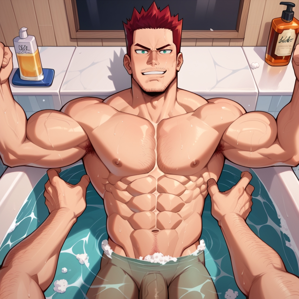 ai_generated bara bath bathing bathroom big_penis endeavor_(my_hero_academia) enji_todoroki gay muscles muscular muscular_male my_hero_academia nsfw pecs pov showering smiling