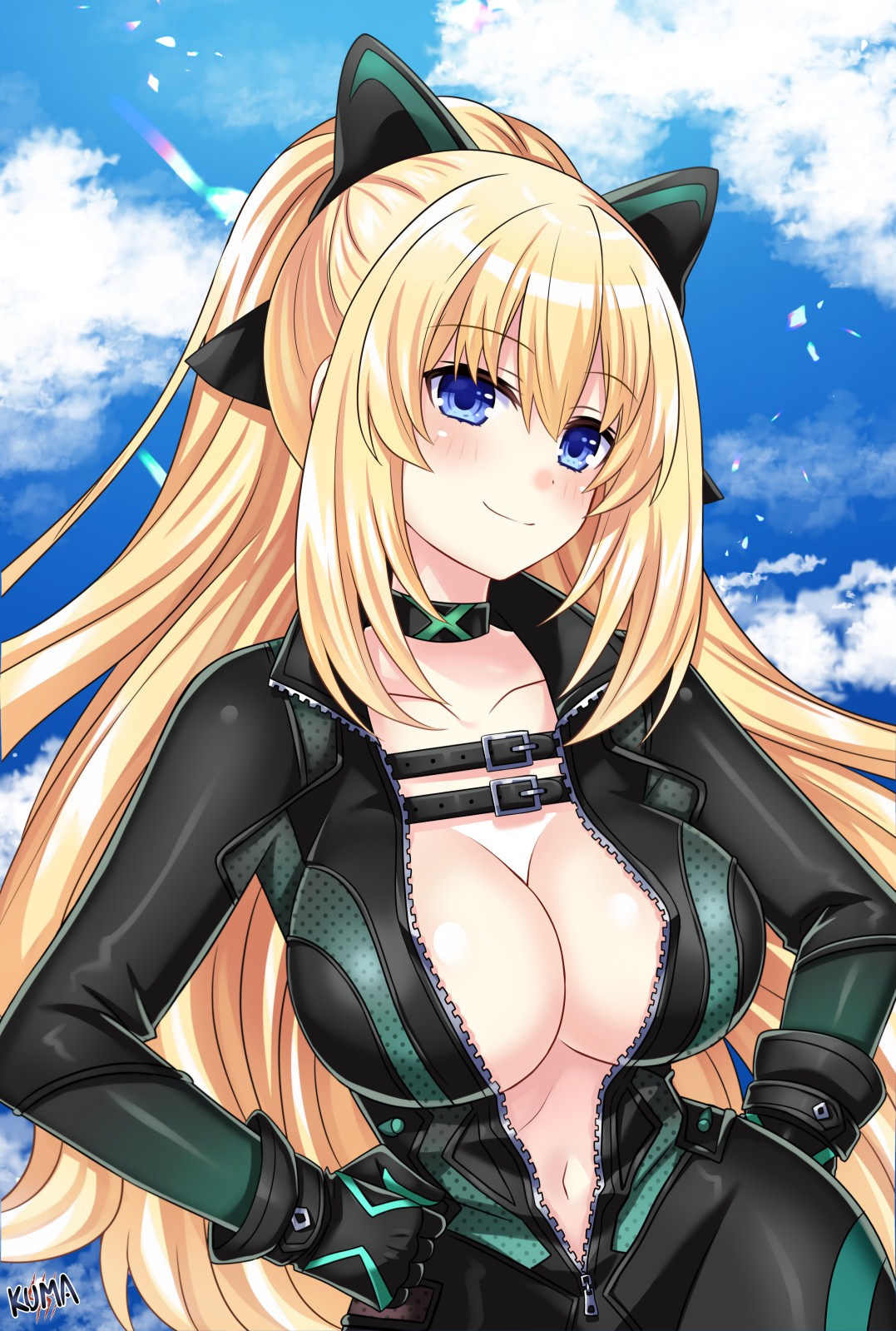 blonde_hair blue_eyes bodysuit boob_window hand_on_hip huge_breasts lewdkuma long_hair looking_at_viewer neptunia_(series) neptunia_riders_vs_dogoos ponytail skin_tight unzipped_bodysuit vert