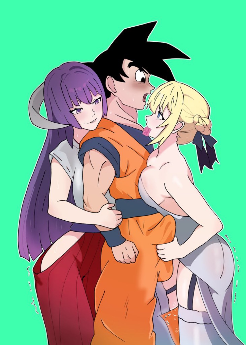 alexisdavid_31 artoria_pendragon condom condom_in_mouth crossover cute dragon_ball dragon_ball_super featherine_augustus_aurora saber son_goku uminekosanta