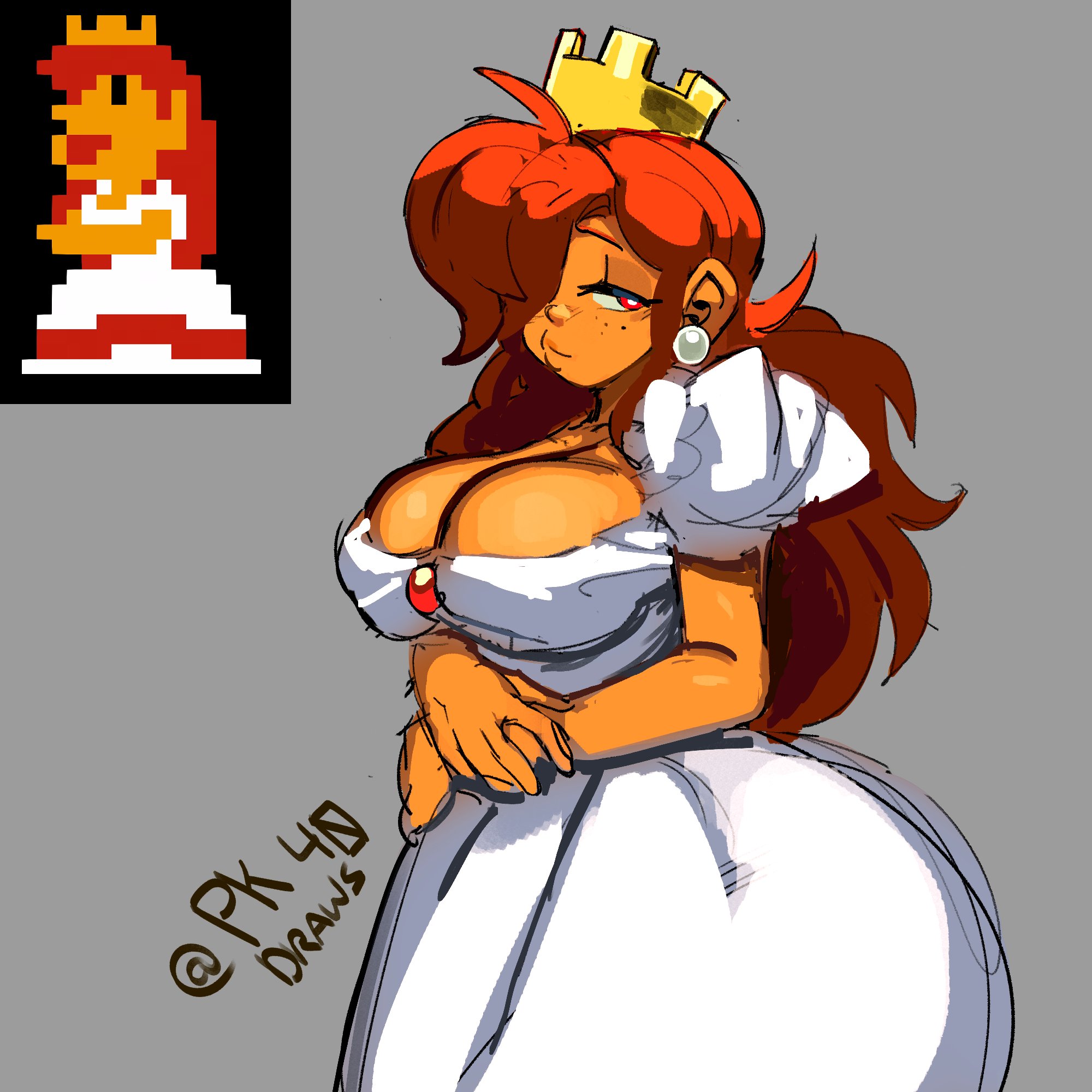 breasts, cleavage, crown, dark skin, dark-skinned female, female, hair over one eye, huge breasts, mario (series), nintendo, pk draws 40, princess peach, princess peach sprite redraw (meme), princess toadstool, super mario bros. (nes), video games, white dress