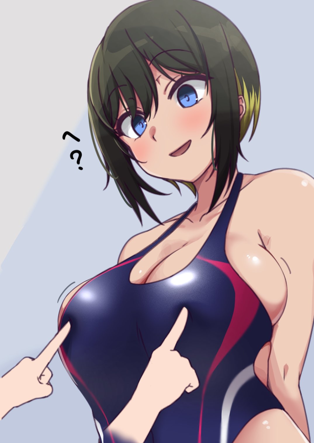 163_(shiromeshi) ? akashi_maho blush d4dj huge_breasts japanese_text poking_breasts swimsuit