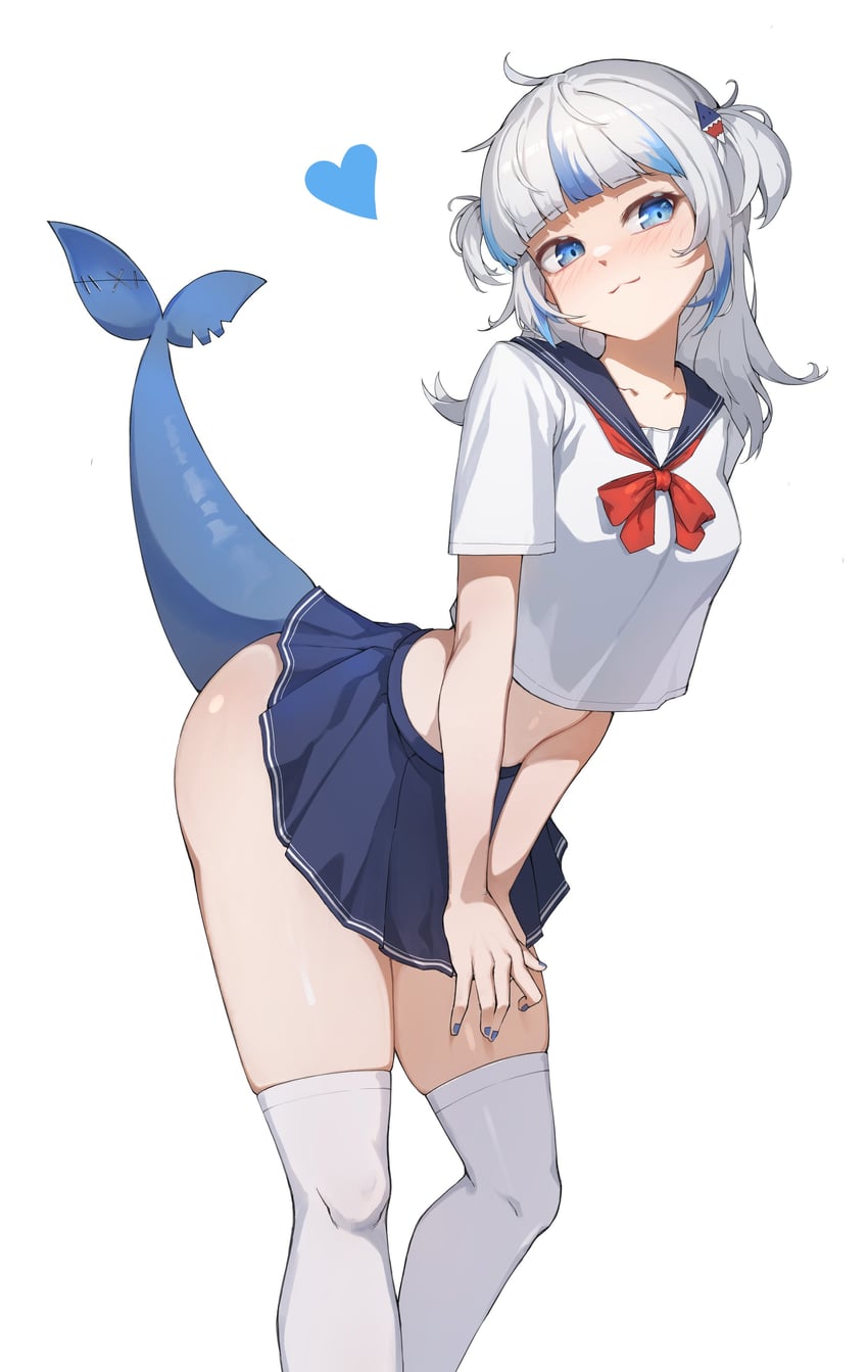 absurd_res alternate_costume blue_hair blue_nails blue_skirt breasts female fins fish_tail gawr_gura grey_hair hair_ornament heart highres hololive hololive_english looking_at_viewer multicolored_hair nail_polish shark_girl shark_hair_ornament shark_tail shirt skirt small_breasts smile solo streaked_hair tail thick_thighs two_side_up virtual_youtuber white_shirt white_thighhighs