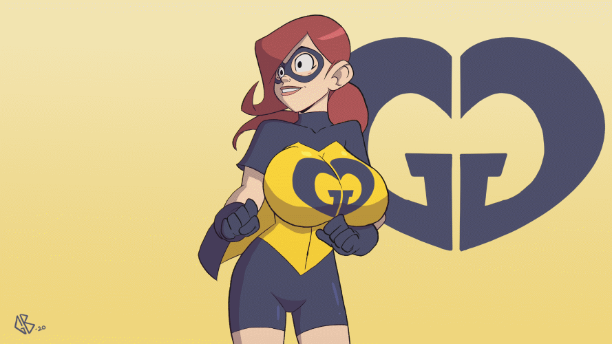 1girls, 2d animation, animated, auburn hair, audrey page, big breasts, bouncing breasts, breasts, cape, clothed, clothing, dance, dancing, domino mask, female, freckles, freckles on face, gewd-boi, gloves, golden girl, gradient background, huge breasts, large breasts, light skin, light-skinned female, loop, looping animation, mask, ponytail, shorts, solo, solo female, solo focus, superhero, superhero cape, superhero costume, superheroine, the developing adventures of golden girl, tied hair, yellow background