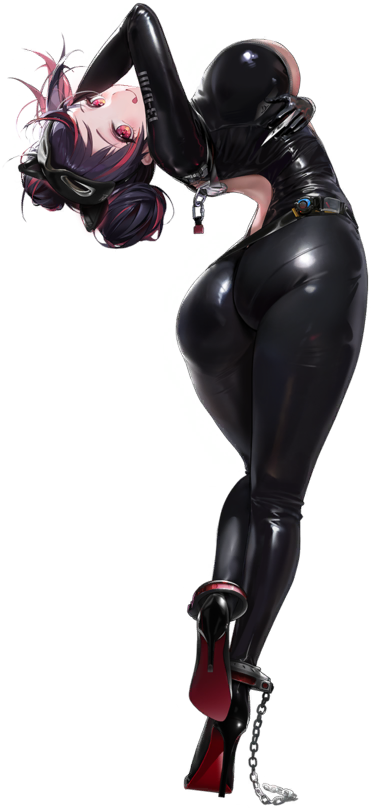 1girls ass ass_focus black_gloves black_hair bodysuit cleavage curvaceous curvy curvy_female curvy_figure exposed_back exposed_breasts game_cg gloves goddess_of_victory:_nikke hair_bun high_heels huge_ass huge_breasts large_breasts leather leather_bodysuit leather_clothing leather_suit legs looking_at_viewer looking_back multicolored_hair no_bra pink_eyes purple_eyes quency_(nikke) red_eyes skin_tight skinsuit solo solo_female thick_thighs thighs tongue tongue_out