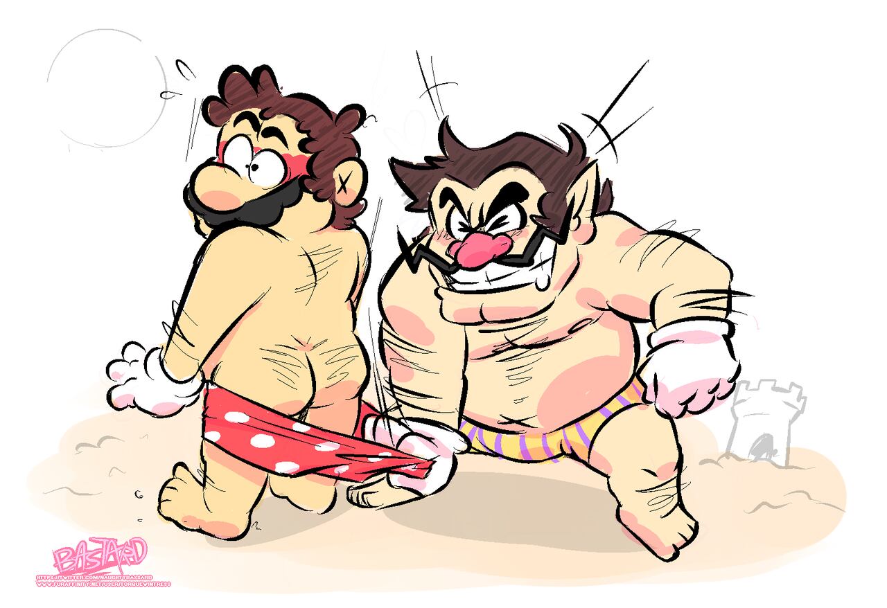 2boys ass ass_hair back_hair beach blush body_hair brown_hair chest_hair chubby chubby_male closed_eyes duo facial_hair gay gloves grin hairy_ass hairy_back human looking_surprised male male_only mario mario_(series) moustache nintendo overweight overweight_male red_shorts sandcastle shorts shorts_pulled_down smile surprised surprised_expression torquewintress wario white_gloves