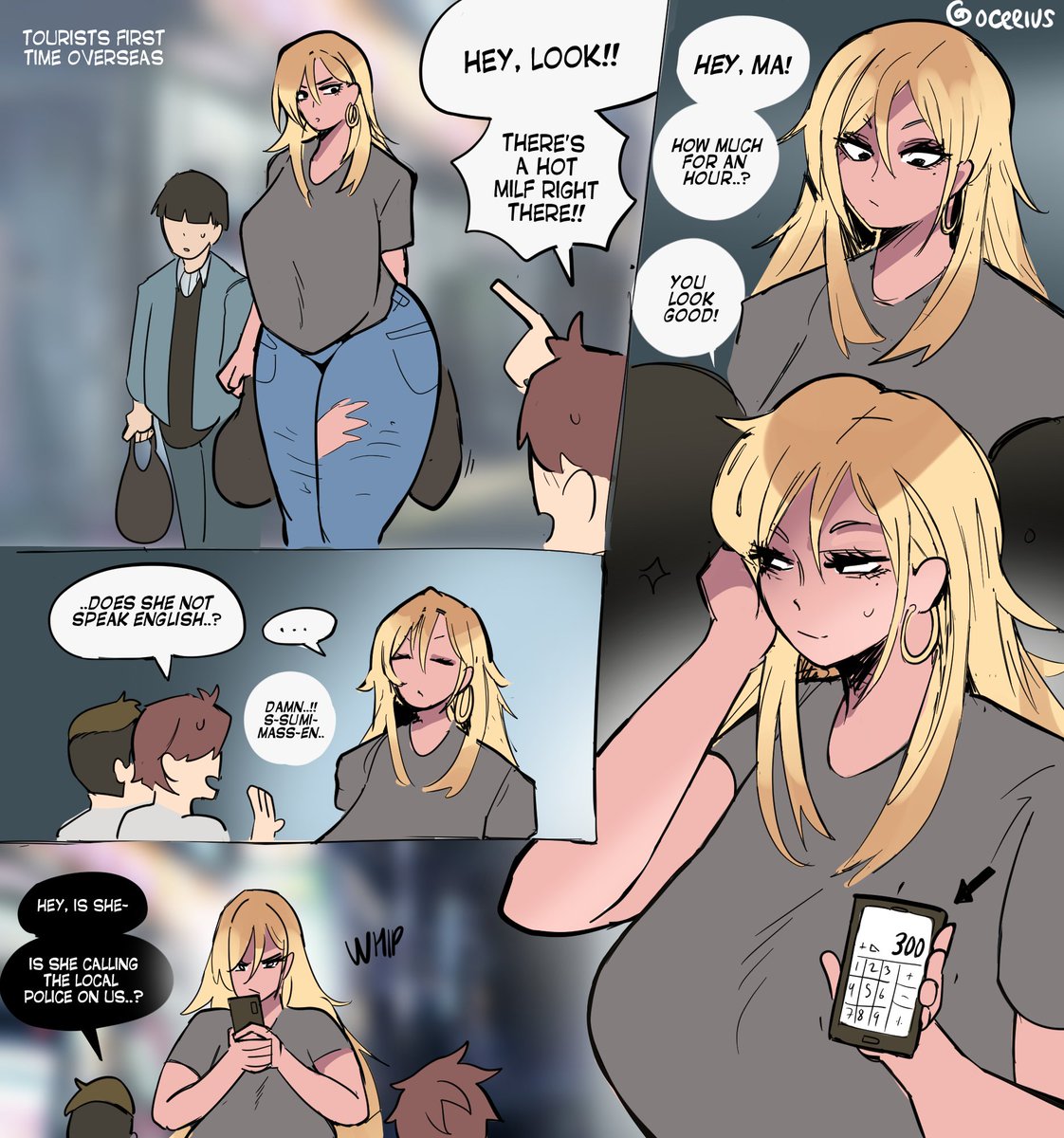 1girls beauty_mark blonde_hair breasts clothed comic english_text gyaru hoop_earrings huge_breasts imminent_cheating jeans mature_female milf mizuki_(ocerius) multiple_boys ocerius original phone price propositioning prostitution taller_girl torn_jeans