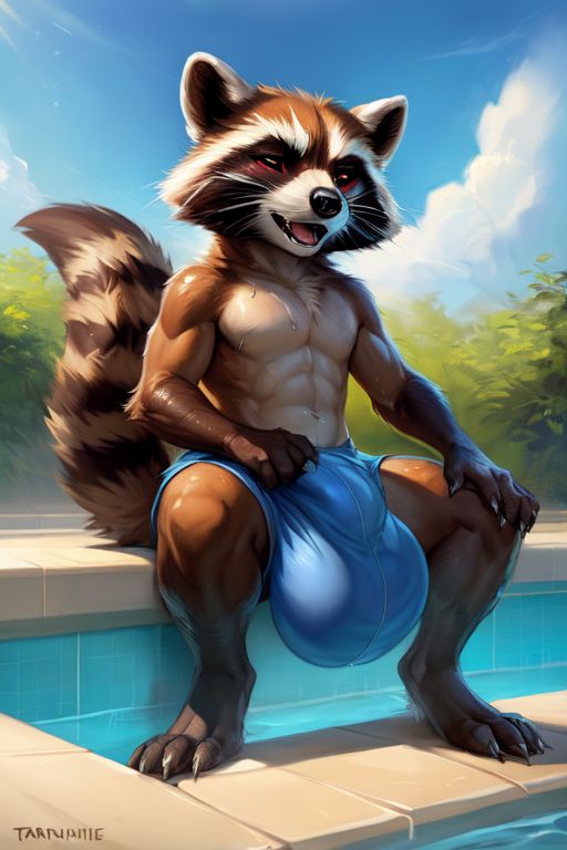 ai_generated big_balls big_bulge furry genitals male_only pool rocket_raccoon spread_legs underwear